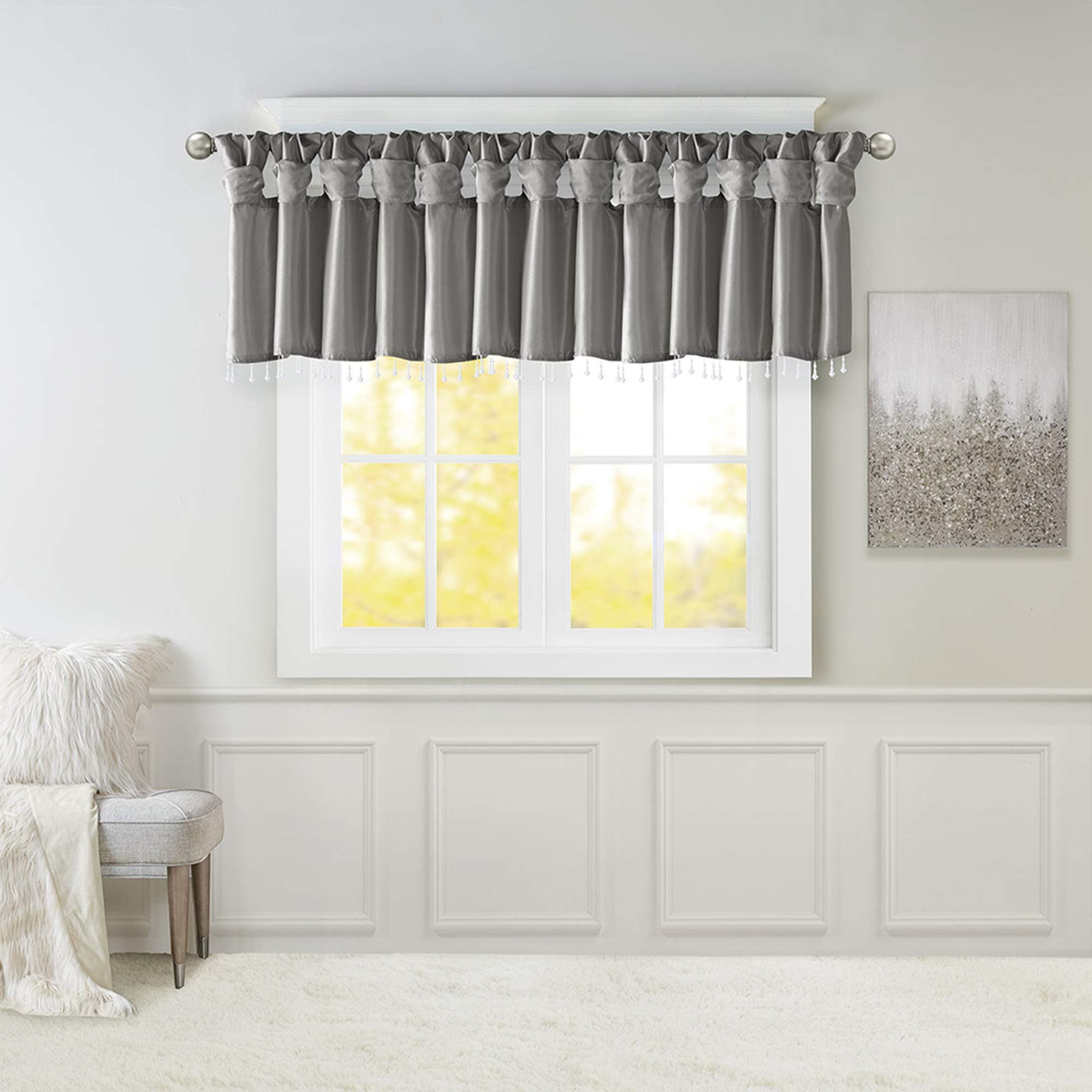 Madison Park Emilia DIY Twist Tab Top Finish Beads 1 Window Valance, 50x26, Charcoal