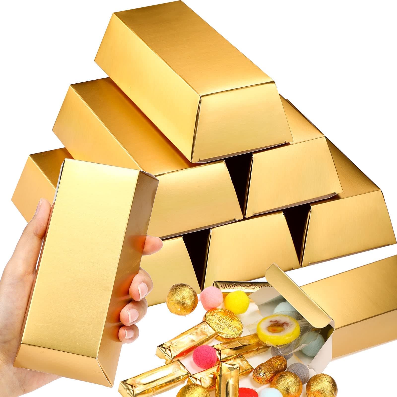 Containlol 100 Pcs Gold Bar Fake Gift Box Foil Gold Bar Party Favor Boxes Paper Golden Favor Boxes Treasure Brick for Pirate Casino Theme Party Decorations Candy Treats Chocolate Toys, 5.5 x 3.2 Inch