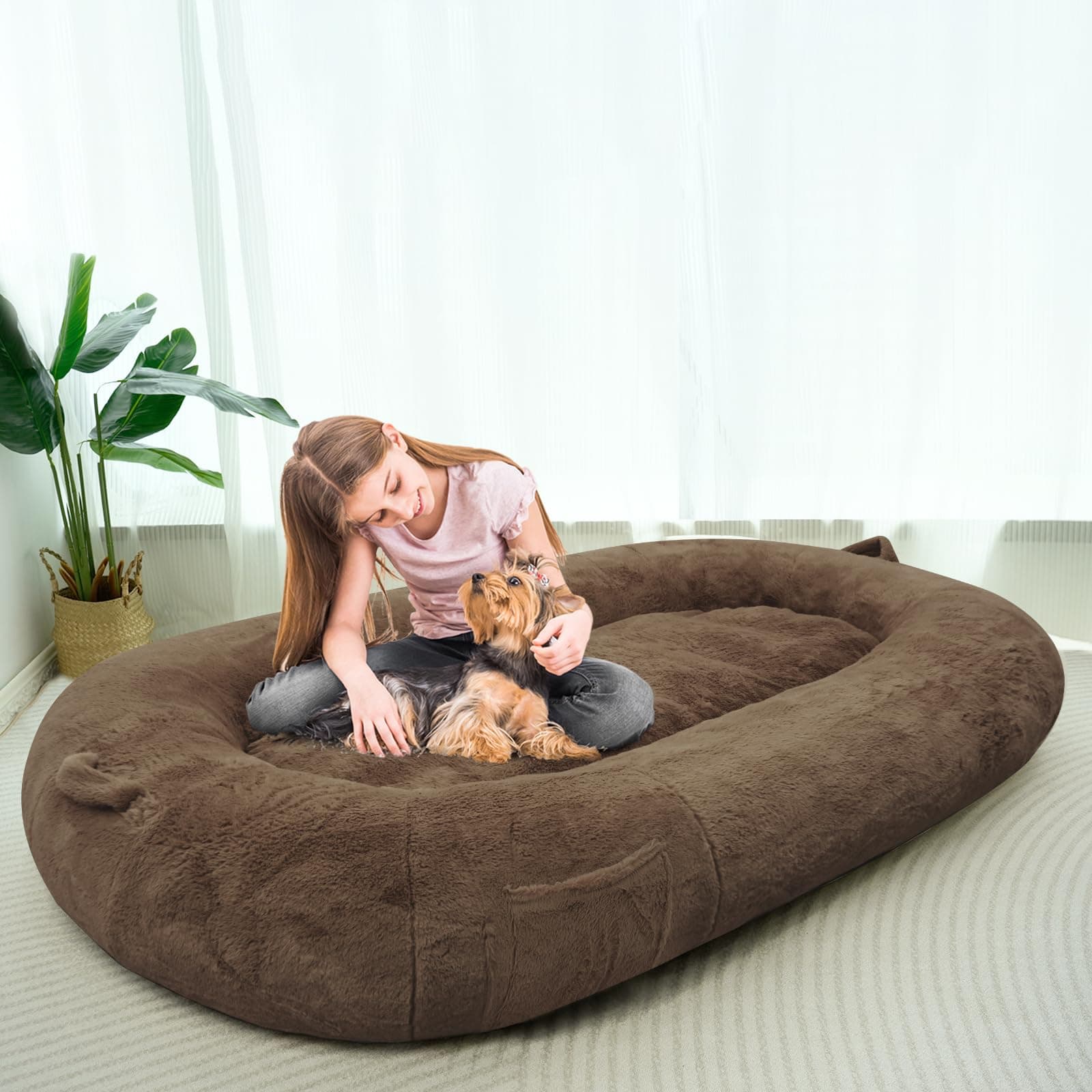 HIGOGOGO Human Dog Bed,74"x46"x12" Dog Bed for Humans Size Fits You and Pets, Plufl Giant Dog Bed for Human with Machine Washable Cover,Bean Bag Bed for Adult and Pets,Dark Coffee
