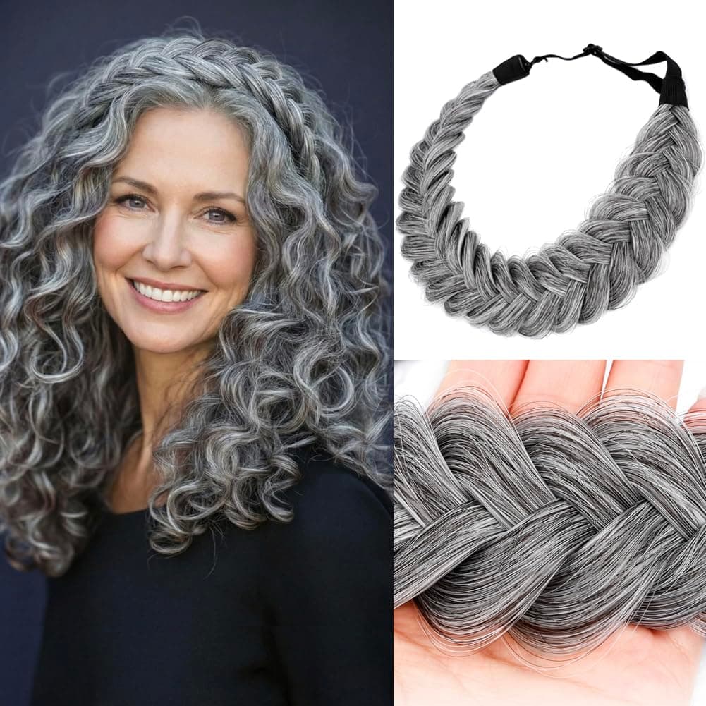 DIGUAN Messy Wide 2 Strands Synthetic Hair Braided Headband Classic Chunky Plaited Braids Elastic Stretch Hairpiece Women Girl Beauty accessory, 62g/2.1 oz (Salt Pepper)