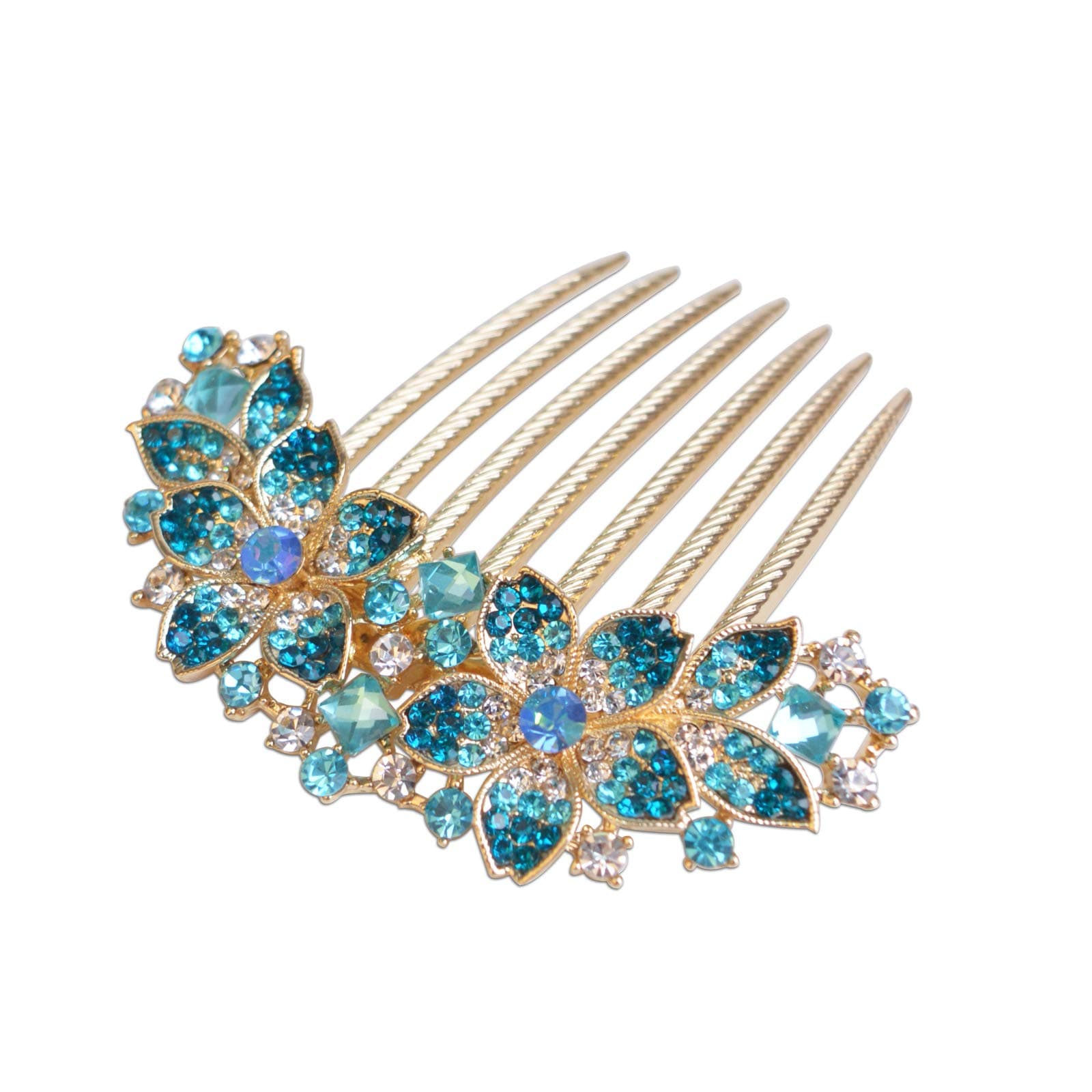 Women Rhinestone Inlaid Flower Hair Comb Hairpin Barrette Accessory,Also Perfect Mother's Day Gifts for Mom (Blue)