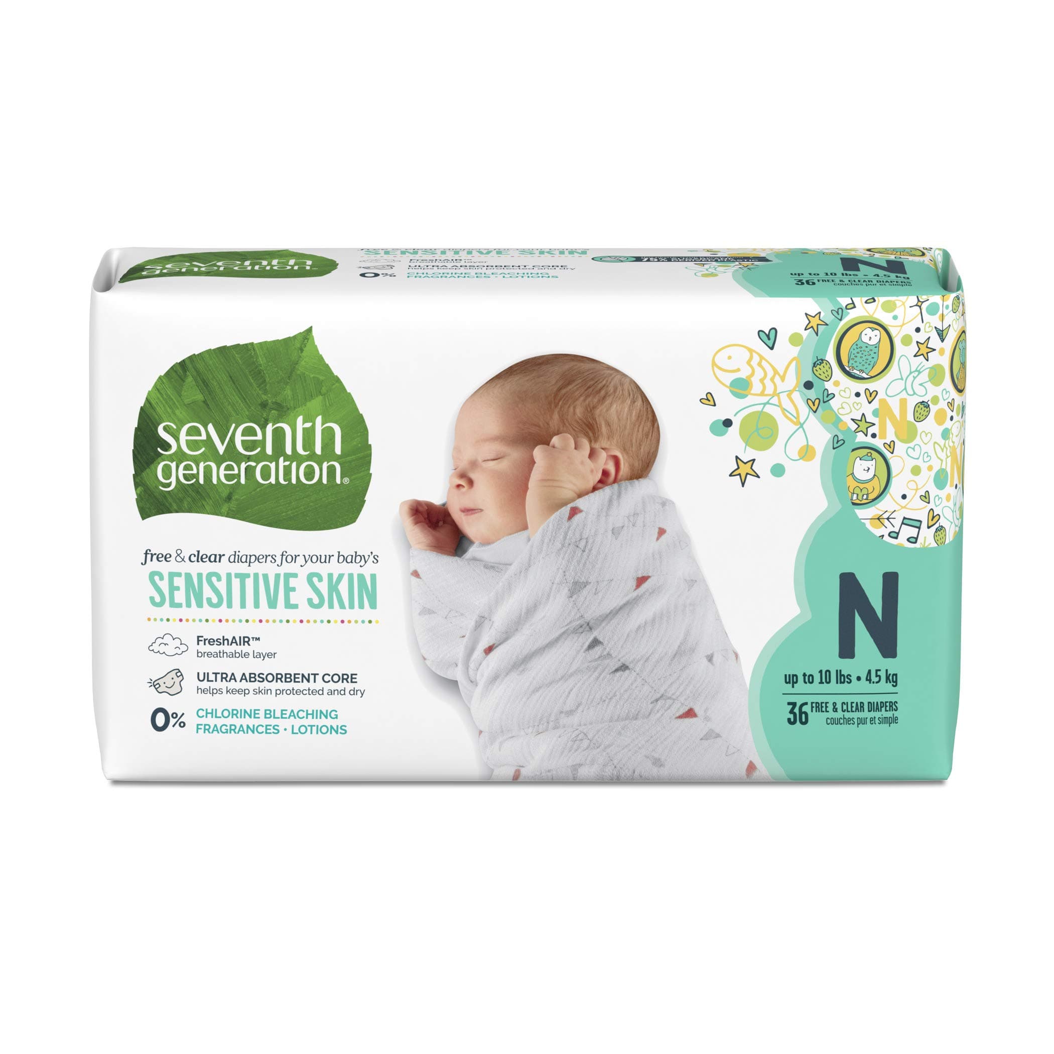 Seventh Generation Baby Diapers, Free and Clear for Sensitive Skin, with Animal Prints, Newborn, 36 Count