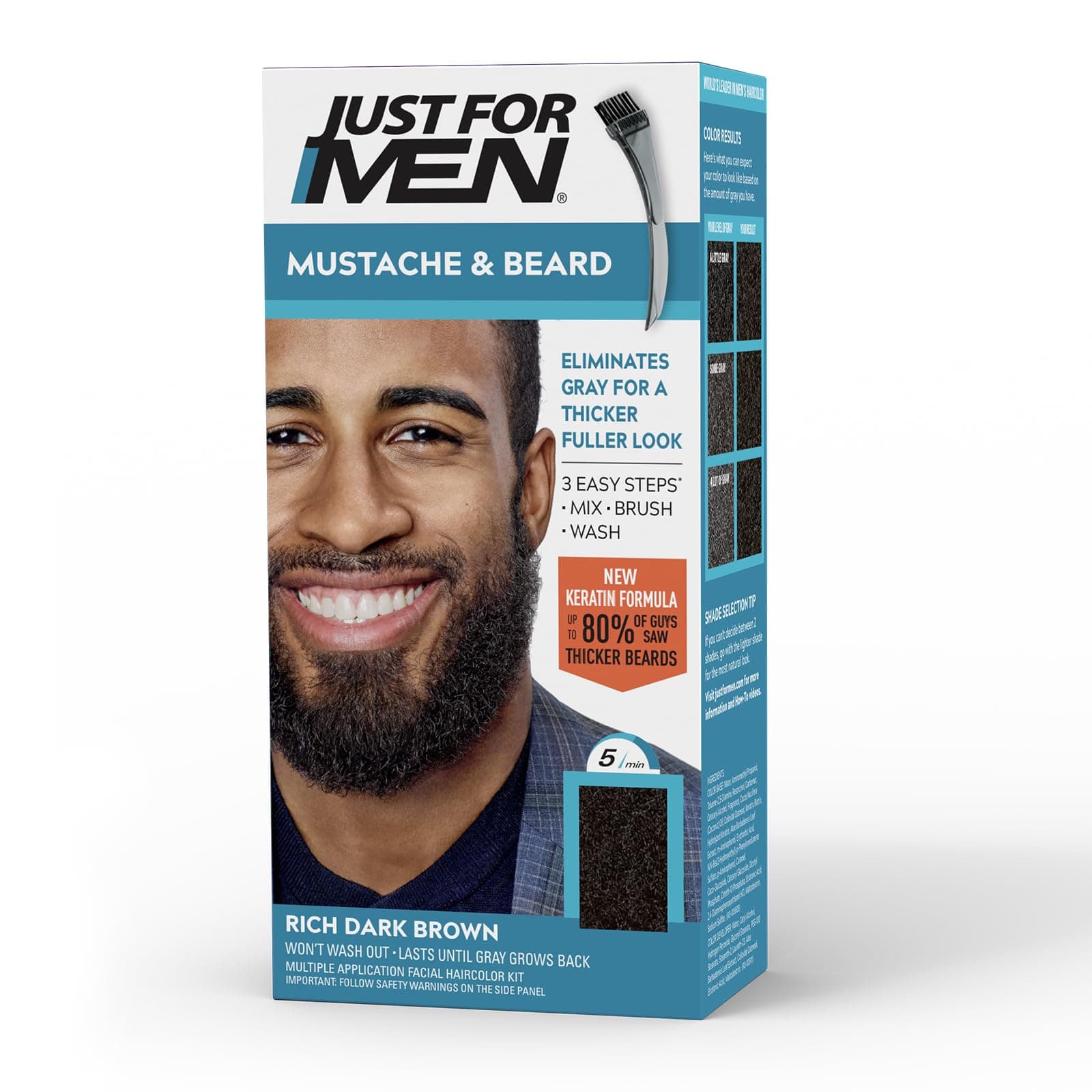 Just For Men Mustache & Beard, multiple uses Beard Dye for Men with Brush, With Keratin Biotin Aloe and Coconut Oil for Healthy Facial Hair - Rich Dark Brown, M-47, Pack of 1 (Packaging May Vary)