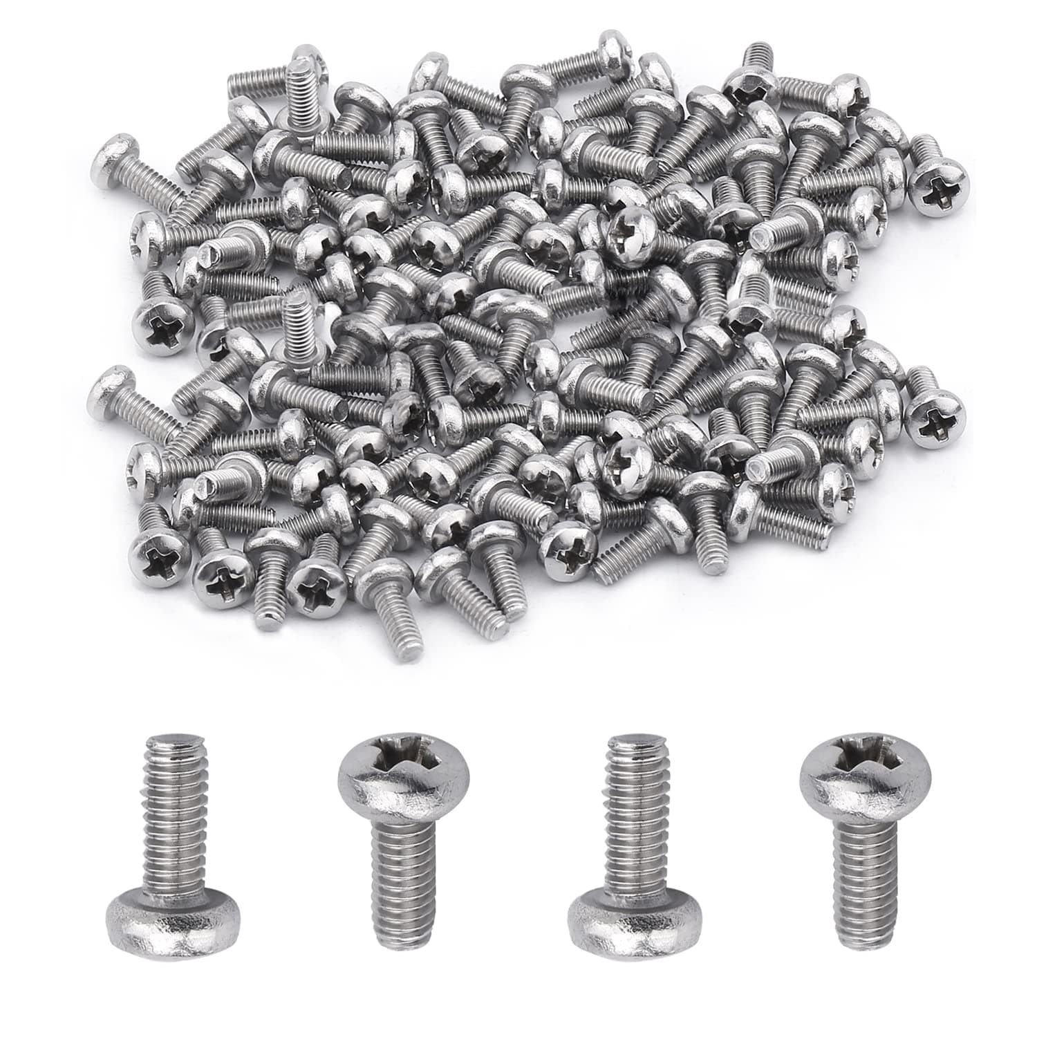 MroMax 100Pcs M2.5 x 6mm Pan Head Phillips Machine Screws, 304 Stainless Steel 18-8, Fully Thread, Metric Silver Gray Cross Head Screws Bolts for Computers, Camera and Other Small Electronic Devices