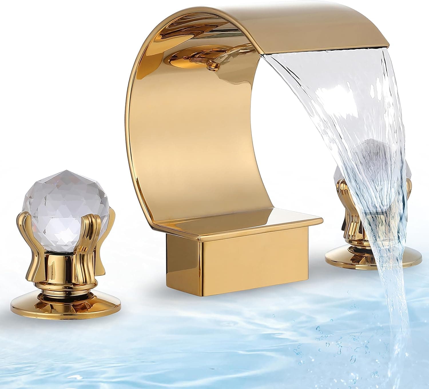 Gold Bathroom Sink Faucet 3 Hole 2 Handle Crystal Knobs High Arc Waterfall Spout Vanity Basin Mixer Tap 8-inch＆Upwards Widespread Bathtub Filler Fauce