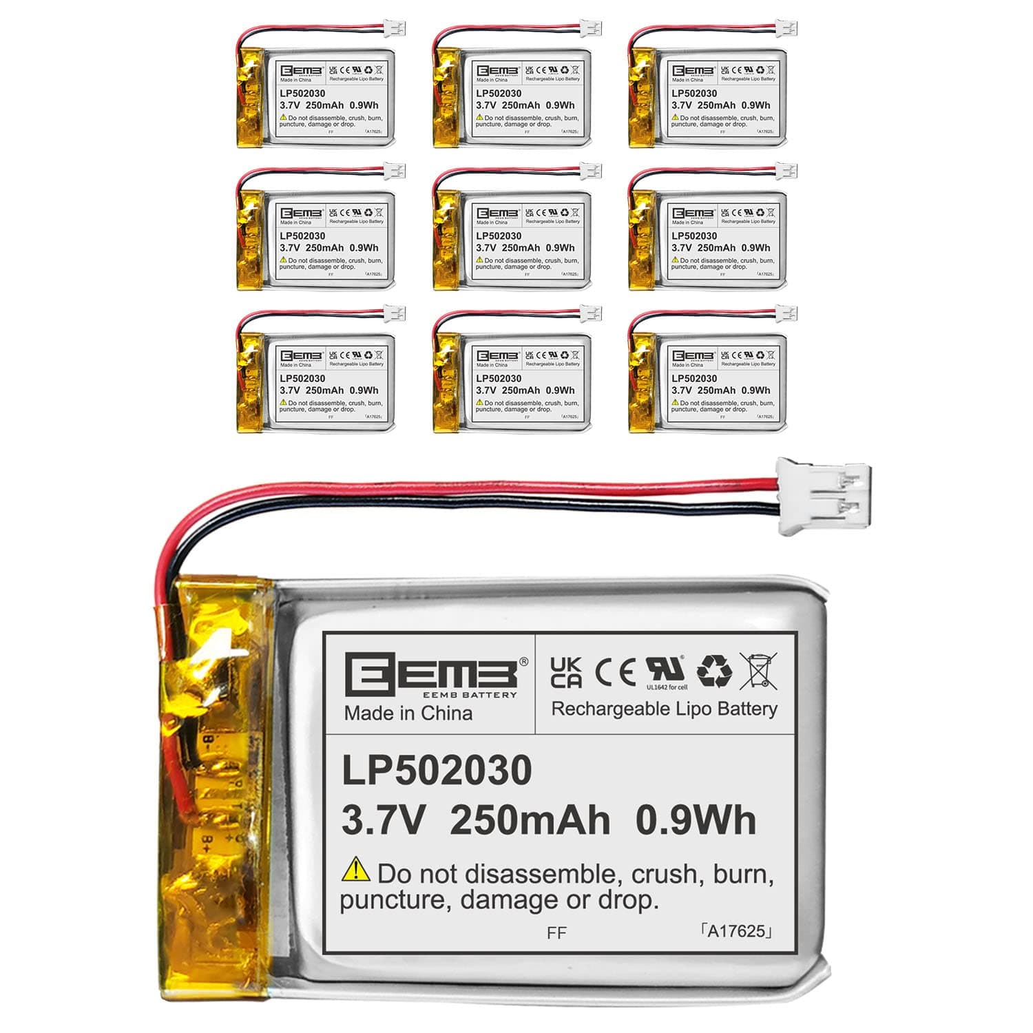 EEMB3.7V Li-ion 502030 Battery 250mAh Lipo Battery Rechargeable Lithium Polymer ion Battery Pack with JST Connector (10) Make Sure Device Polarity Matches with Battery Before Purchase!