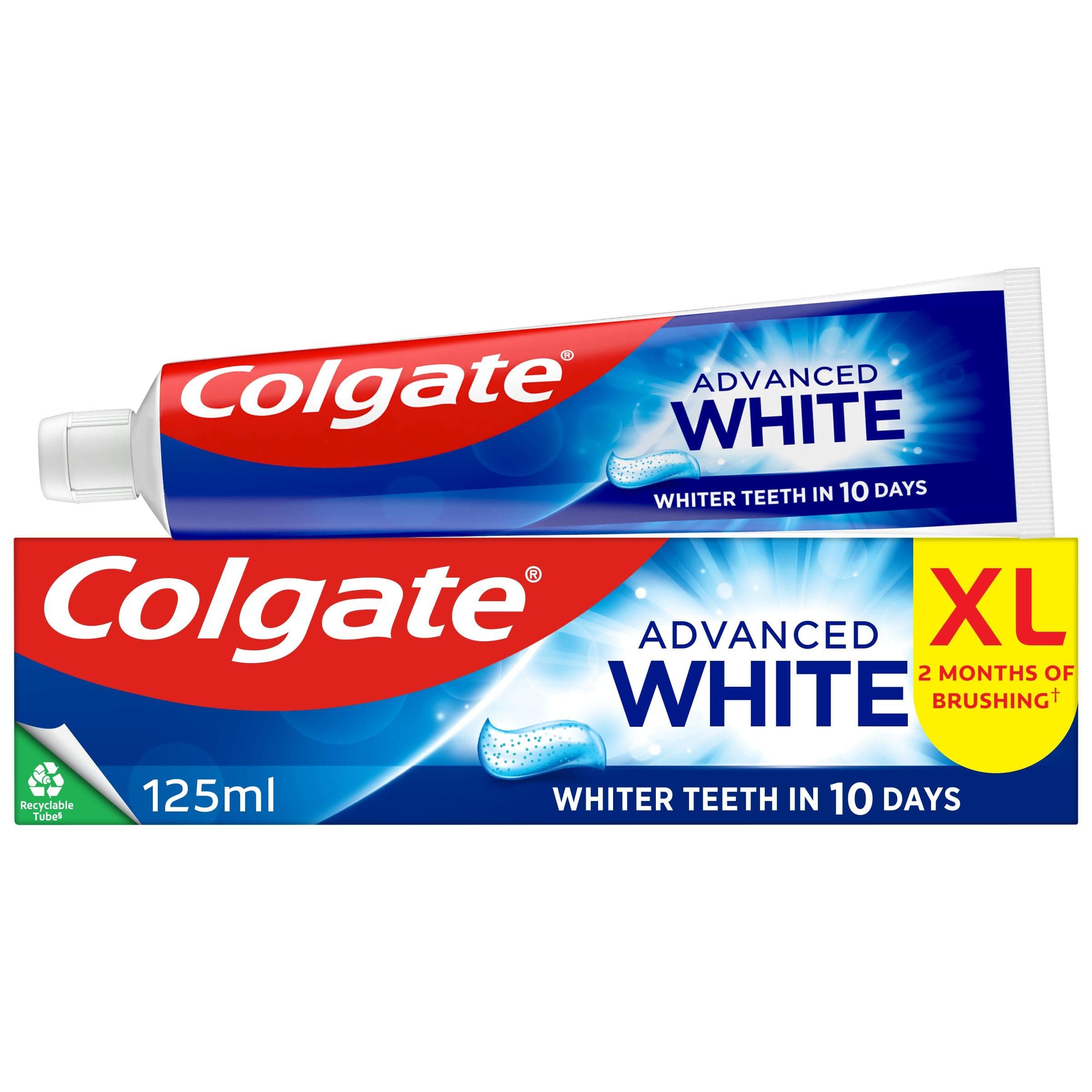 Colgate Advanced White Toothpaste 125ml - Teeth whitening Toothpaste - clinically Proven whitening - whitens in 10 Days - with Active Micro-Cleansing Crystals - new Stain Prevention - Enamel Safe