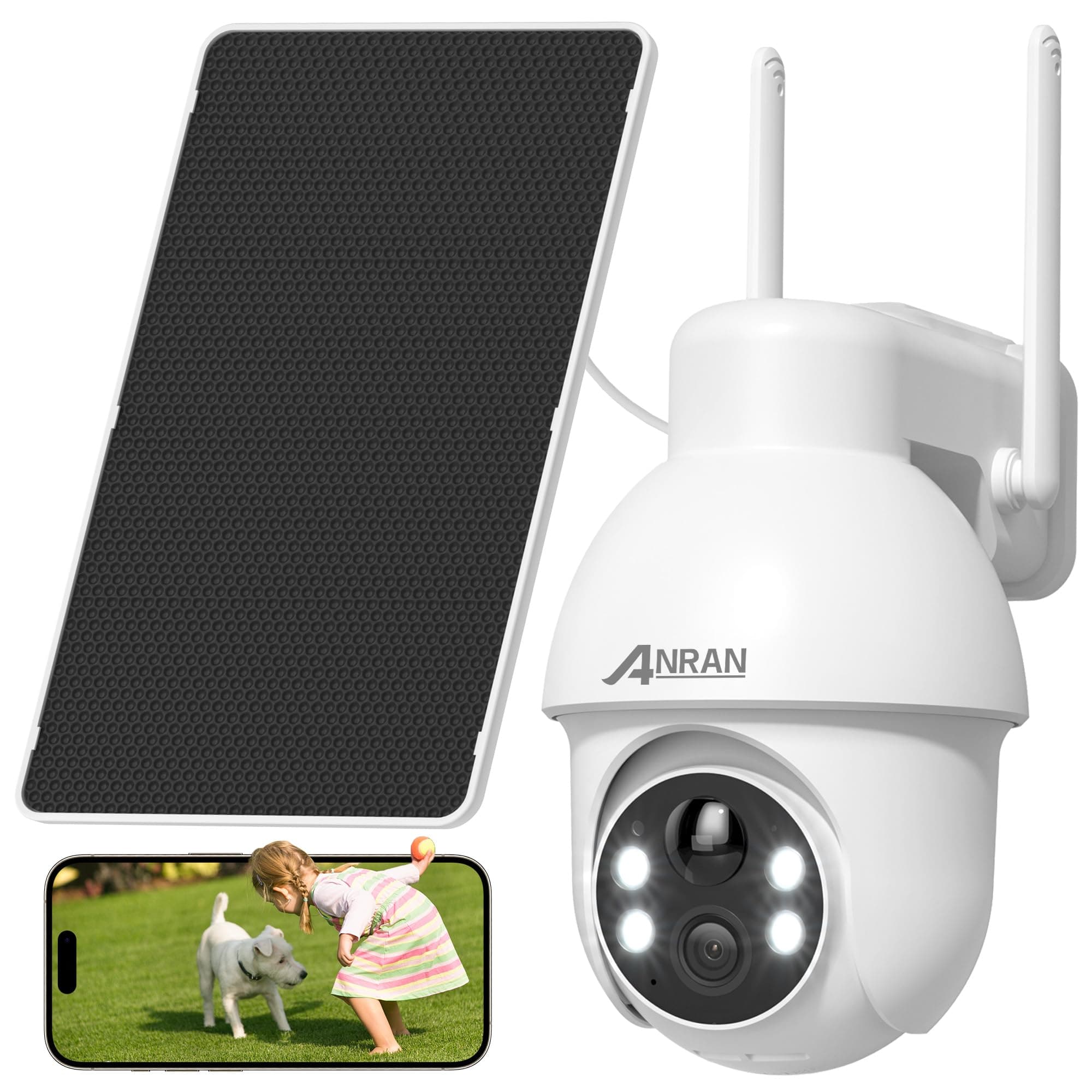 ANRAN 2K Solar Security Camera Wireless Outdoor, 360° Pan/Tilt Color Night Vision, PIR Human Detection, 2-Way Audio, Weatherproof, Compatible with Alexa, 2.4GHz WiFi Only