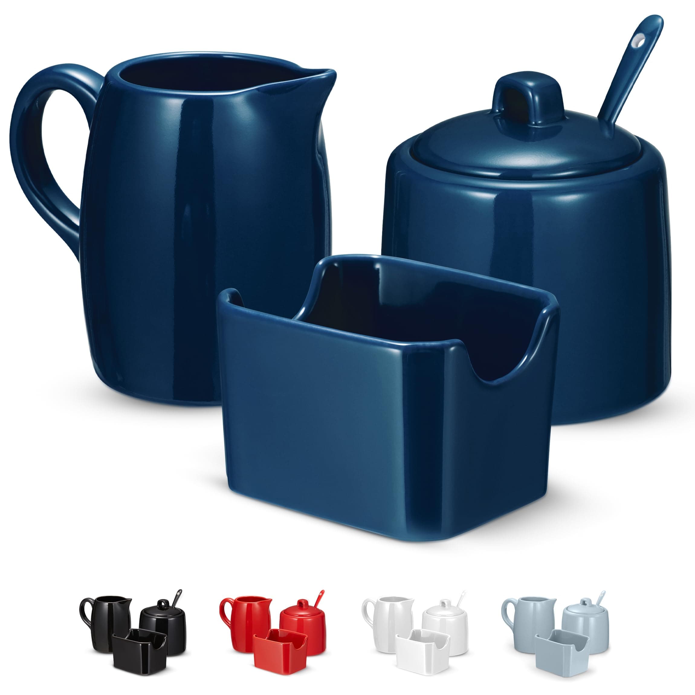 Sugar and Creamer Set, 3 Piece, Pitcher, Sugar Bowl with Lid and Spoon, Sweetener Holder (Navy)