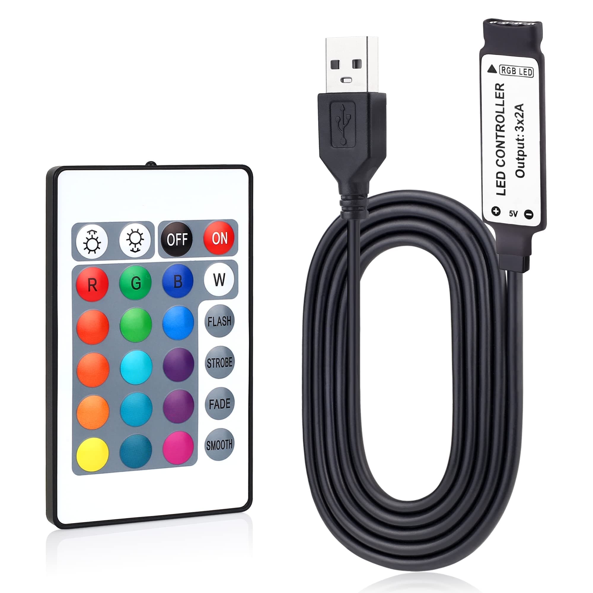 USB RGB LED Controller Only for DC 5V 4-PIN LED Strips with 24-Key IR Remote Compatible with 5050 3528 Light Strips