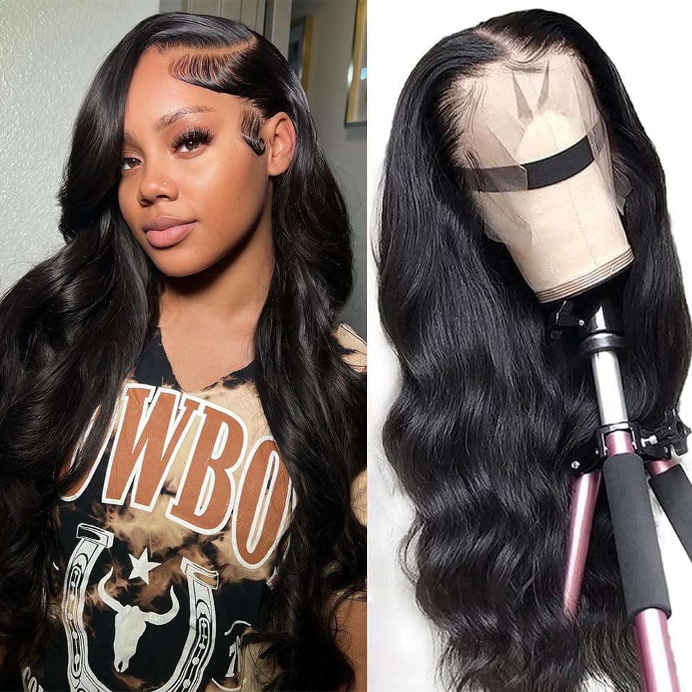 13x4 Body Wave Lace Front Wigs Human Hair Pre Plucked HD Transparent Lace Frontal Wig with Baby Hair 180% Density 9A Glueless Brazilian Virgin Human Hair Lace Front Wigs for Women Natural Black 22Inch