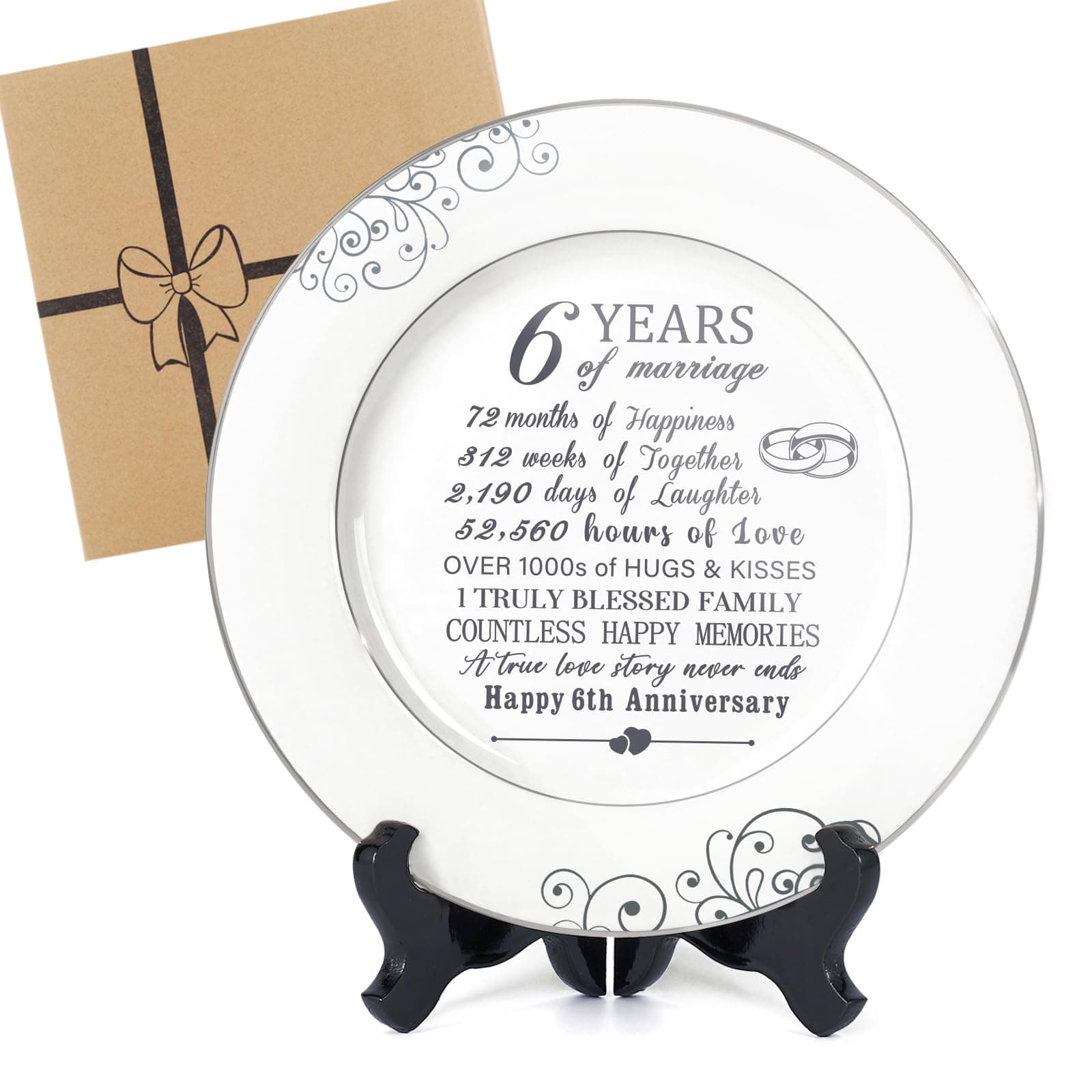 Iron Gifts for 6th Anniversary Decorations - 6 Year Anniversary Plate with Platinum Foil for Him Her Couples, Ceramic Plate with Stand 9"