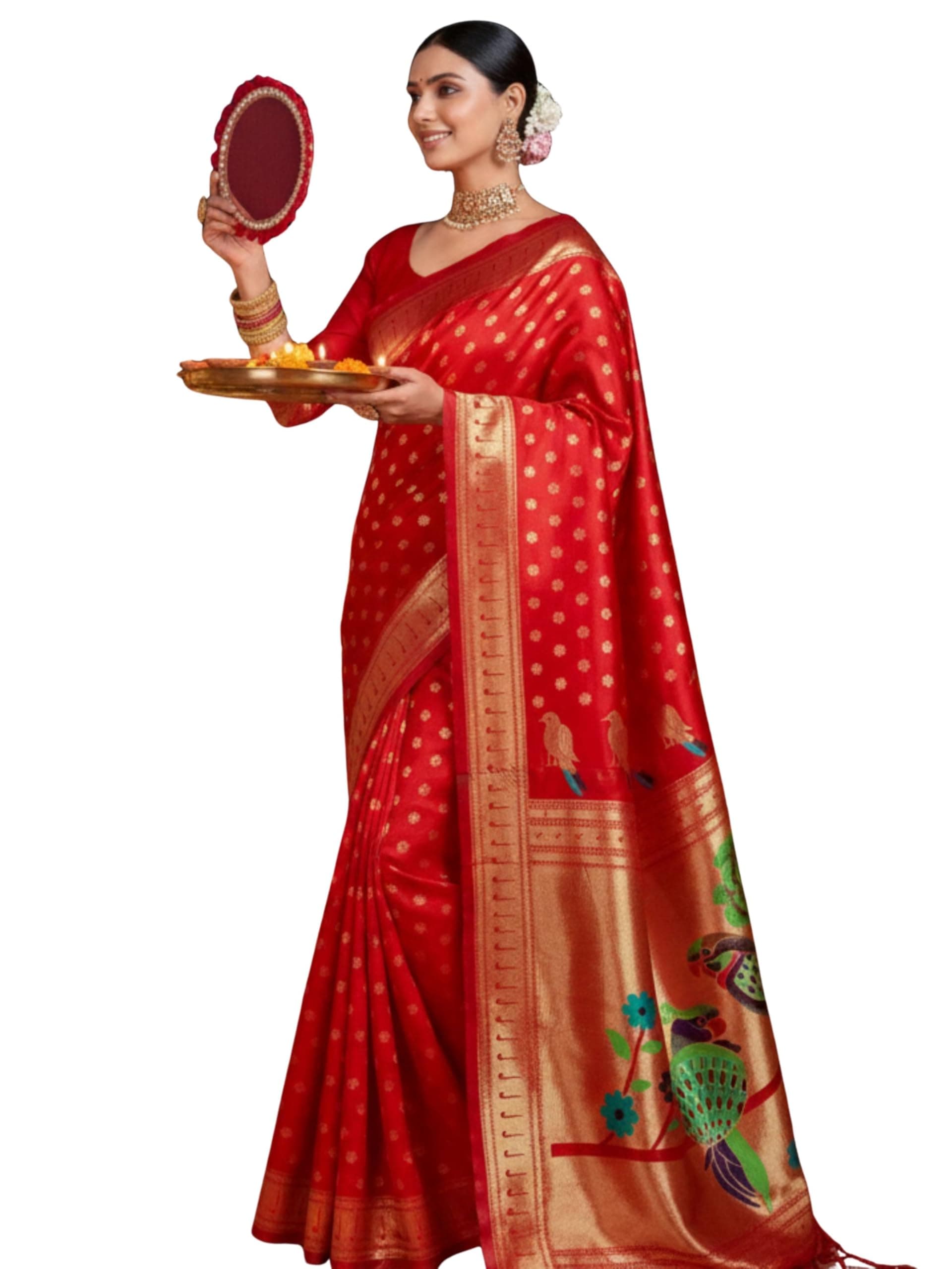 Women's Silk Blend Woven Banarasi Silk saree With Blouse Piece (Red), Red, Free Size, Red, Free Size