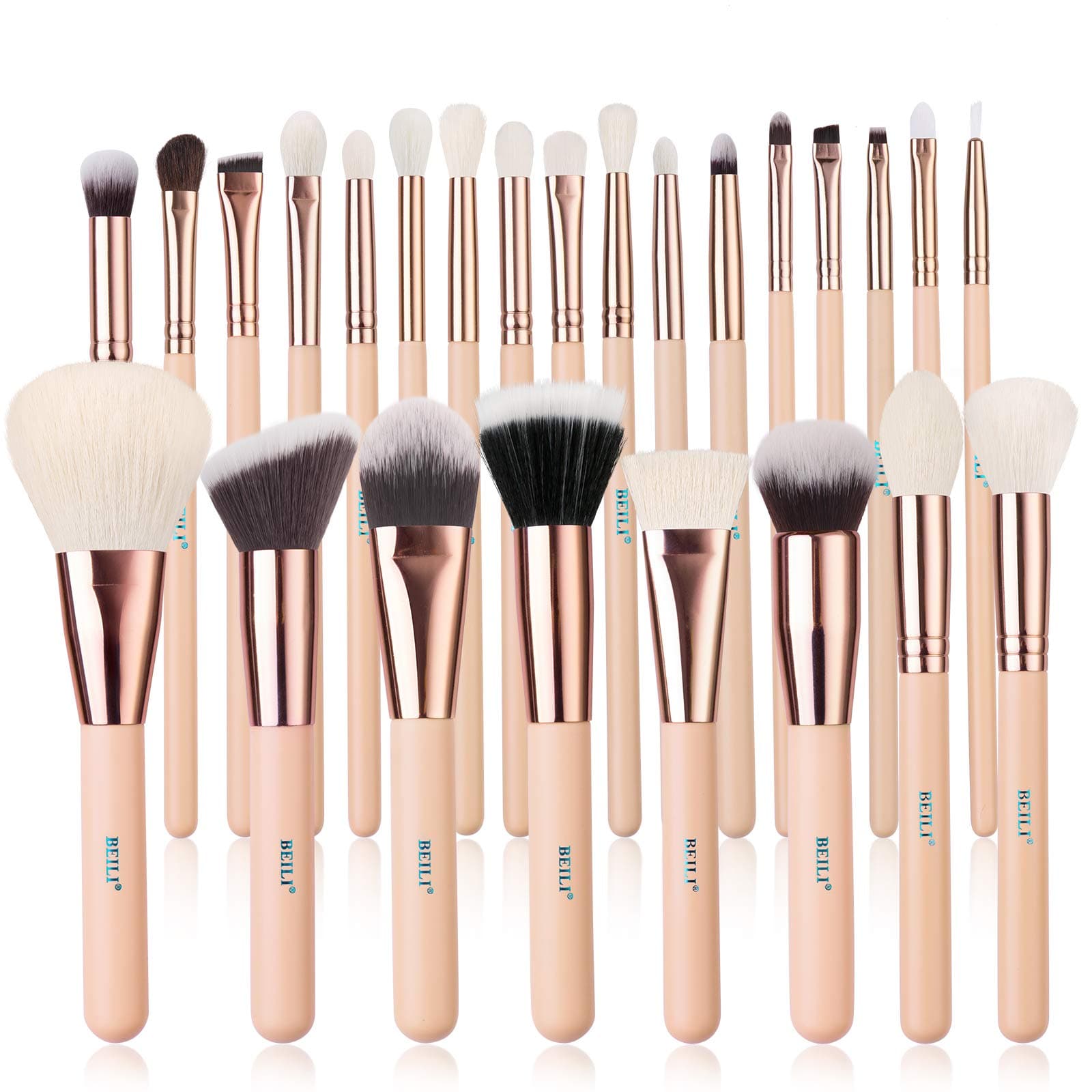 BEILI Makeup Brushes 25pcs Professional Makeup Brush Set Natural Goat Hair Premium Synthetic Kabuki Foundation Brush Face Powder Blush Concealer Eye Shadow Blending Eyebrow Make Up Brush Kit (Pink/Rose Golden)