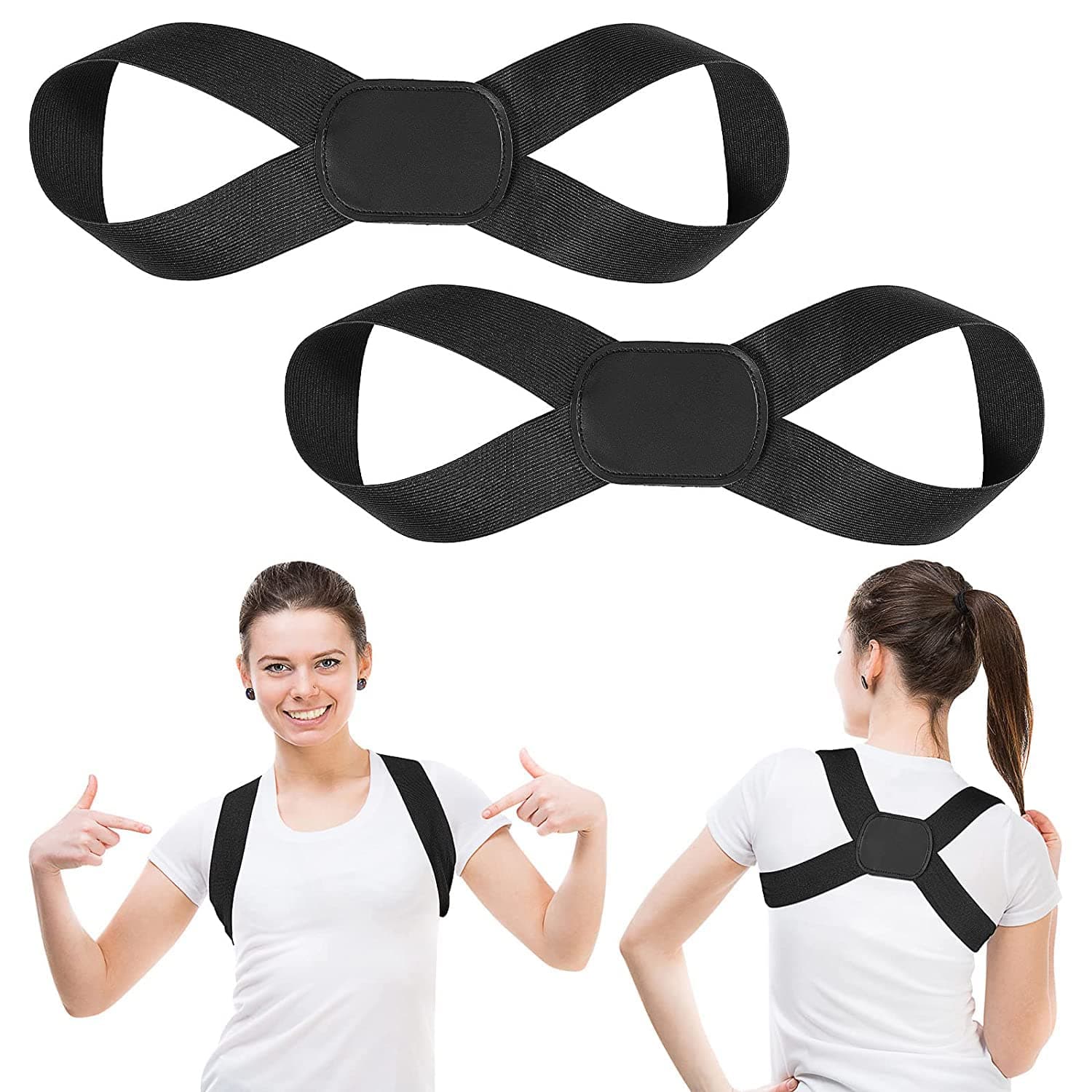 SYOSI Posture Corrector for Women Men, 2 Pieces Corset Spine Support Belt Adjustable Upper Back Brace Back Straightener Back Support for Upper Spine Back Neck Shoulder Clavicle Relief, Black (M)