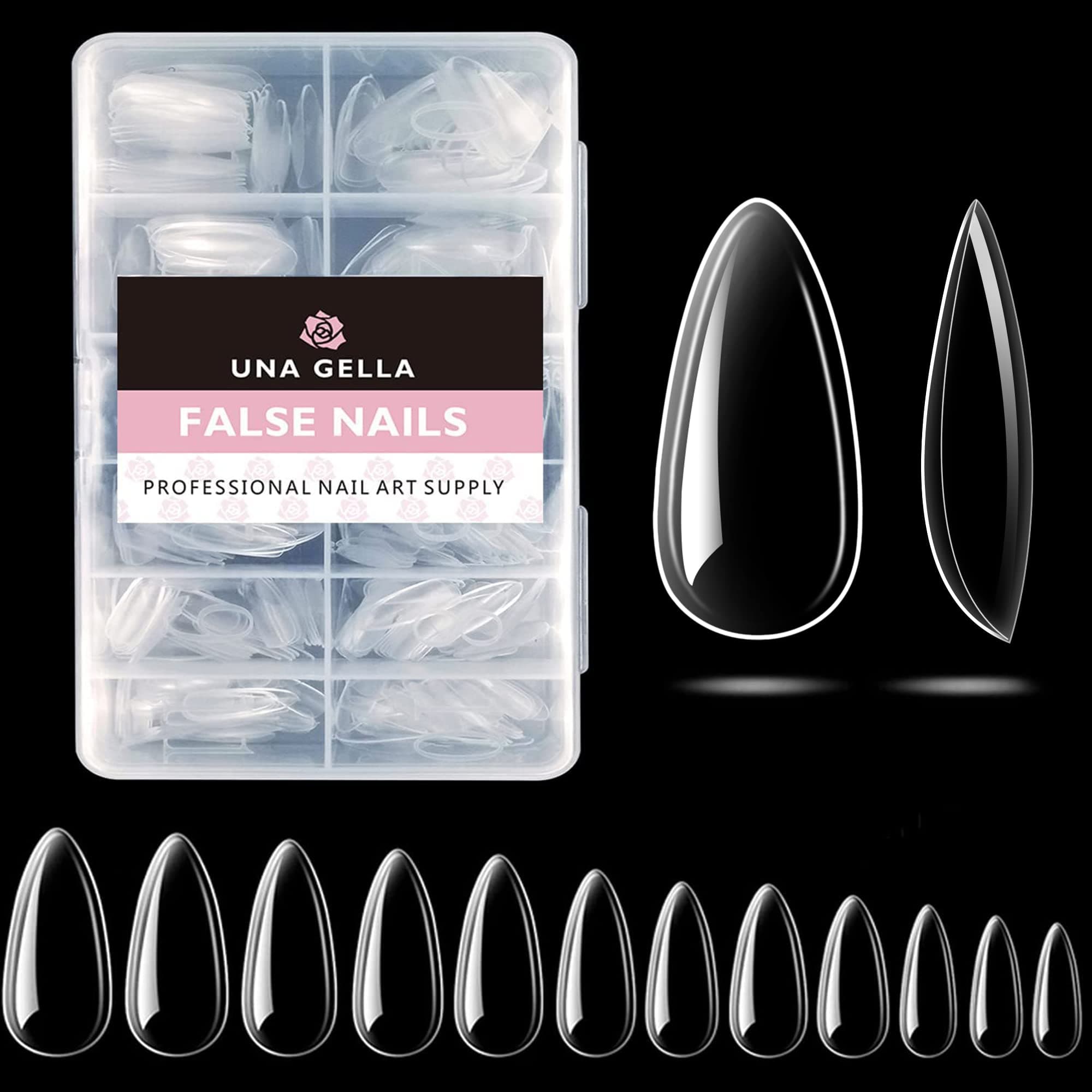 UNA GELLA Almond Fake Gel Nail Tips, 216pcs Medium Almond Pre Shaped Nails Tips for Long-Lasting Acrylic Nails, Perfect for DIY At Home French Style Nail Salon 12 Sizes