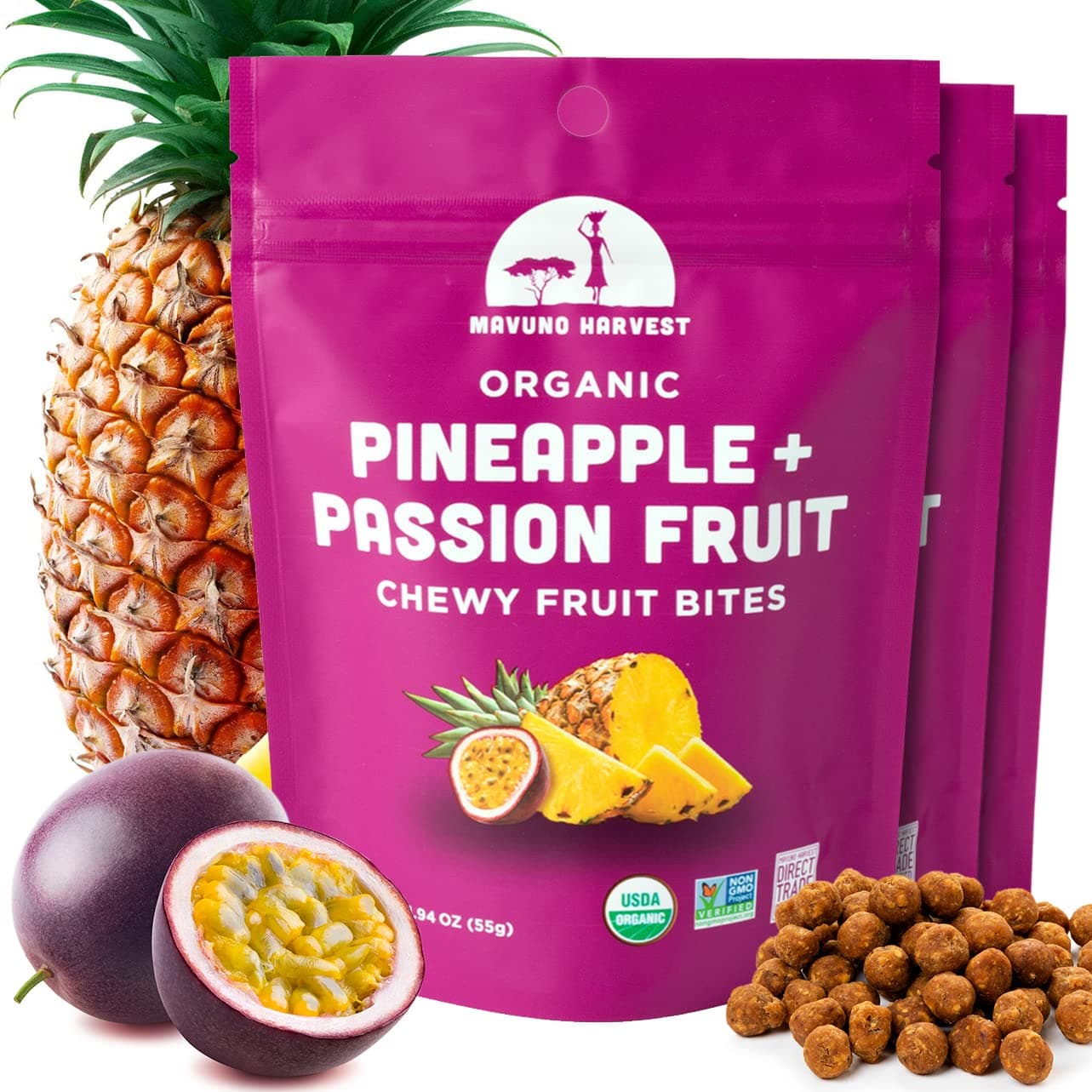 Mavuno Harvest Organic Fruit Snacks - Chewy Fruit Bites - Healthy Food for Kids & Adults - Ethically Sourced, Non-GMO, No Preservatives - Pineapple & Passionfruit - 1.94-oz. Snack Packs, Pack of 3