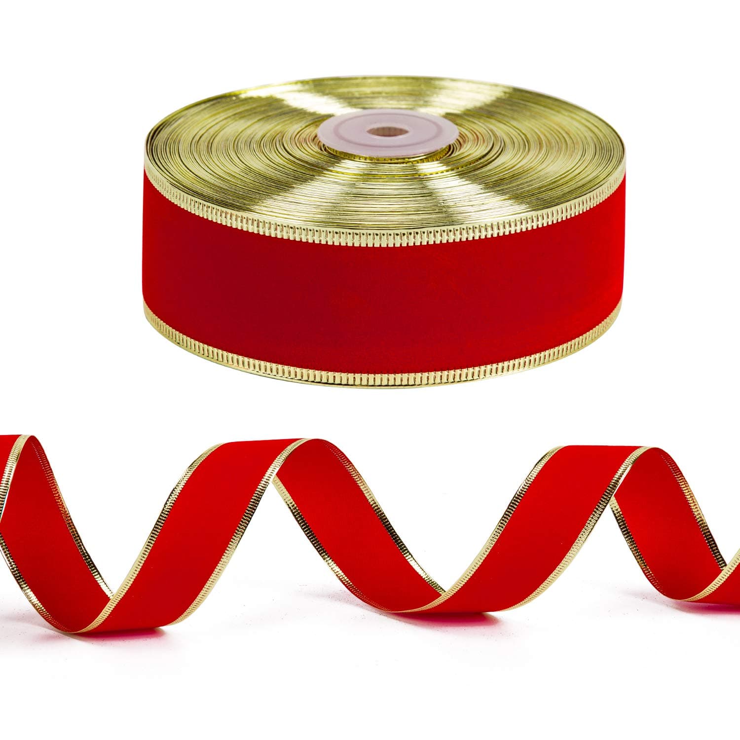 WRAPAHOLIC Christmas Wired Ribbon - 1.5 inch x 25 Yard Each Roll - Red with Gold Edges Velvet Ribbon