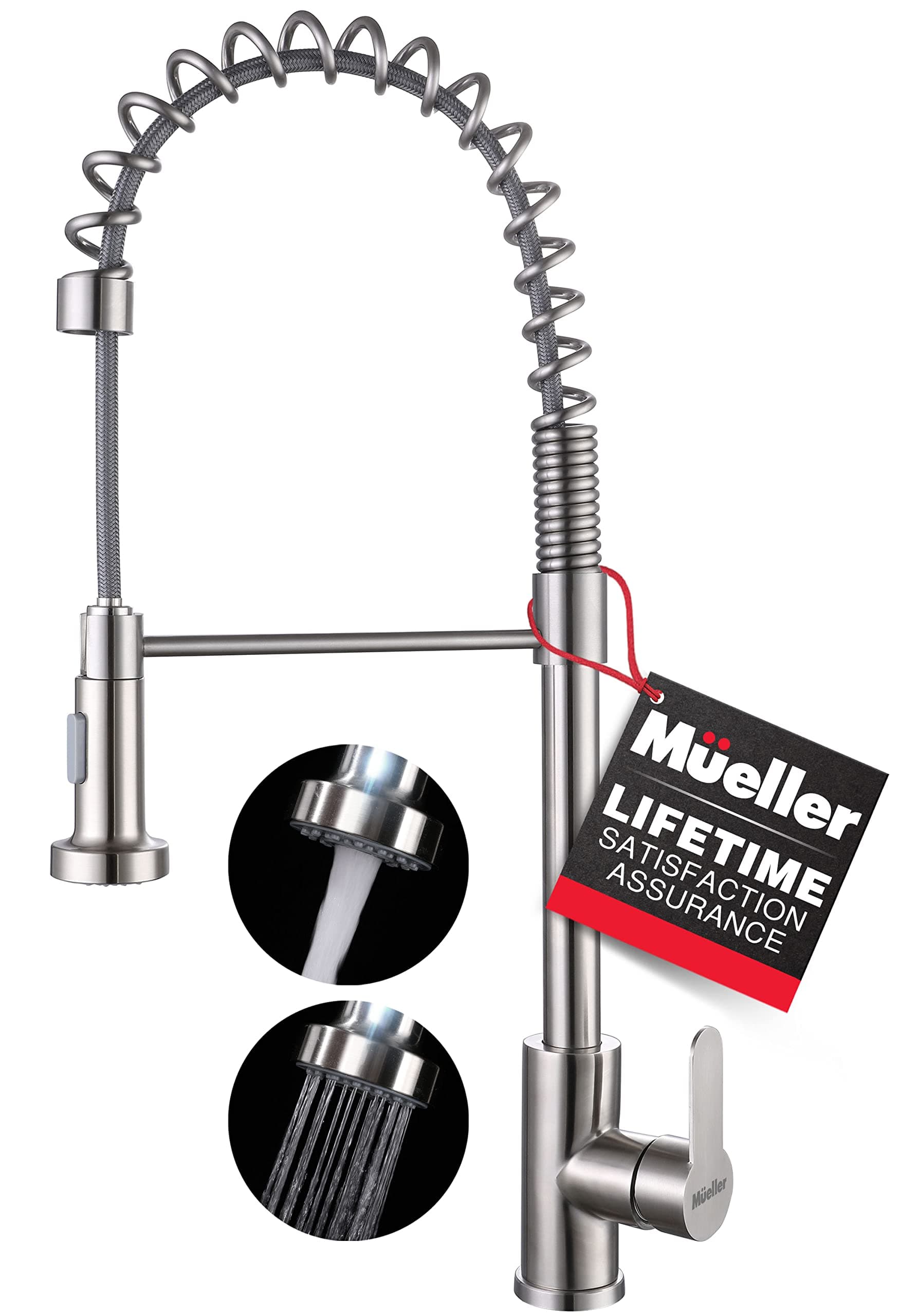 Mueller Professional Series Kitchen Sink Faucet Single Handle Stainless Steel, High Arc, Single Lever, Pull-Out Spray Head, Stream Flow, Powerful Sprayer
