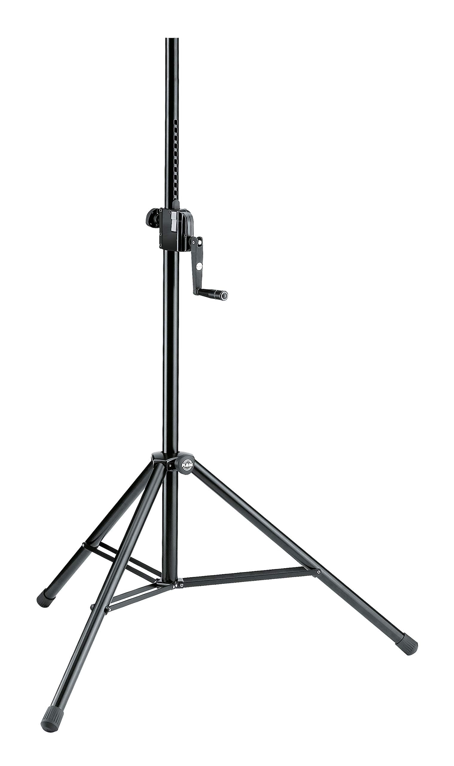 K&M König & Meyer 21300.009.55 Speaker Tripod Stand | Locking Hand Crank Height Adjustment | Double Cross Leg Brace | Folds Compact | Threaded Speaker Connection | Max Load 77 lbs | German Made Black