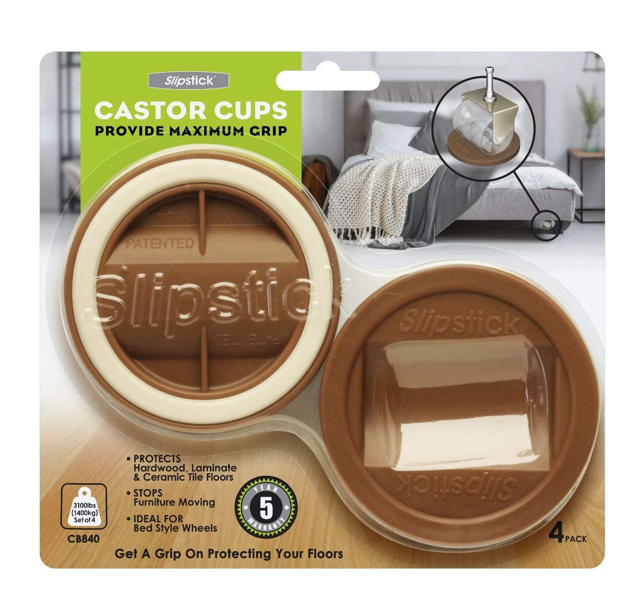 Slipstick CB840 Bed Roller / Furniture Wheel Gripper Castor Cups (Set of 4) 84 mm Round Caster Cup Floor Protectors, Caramel