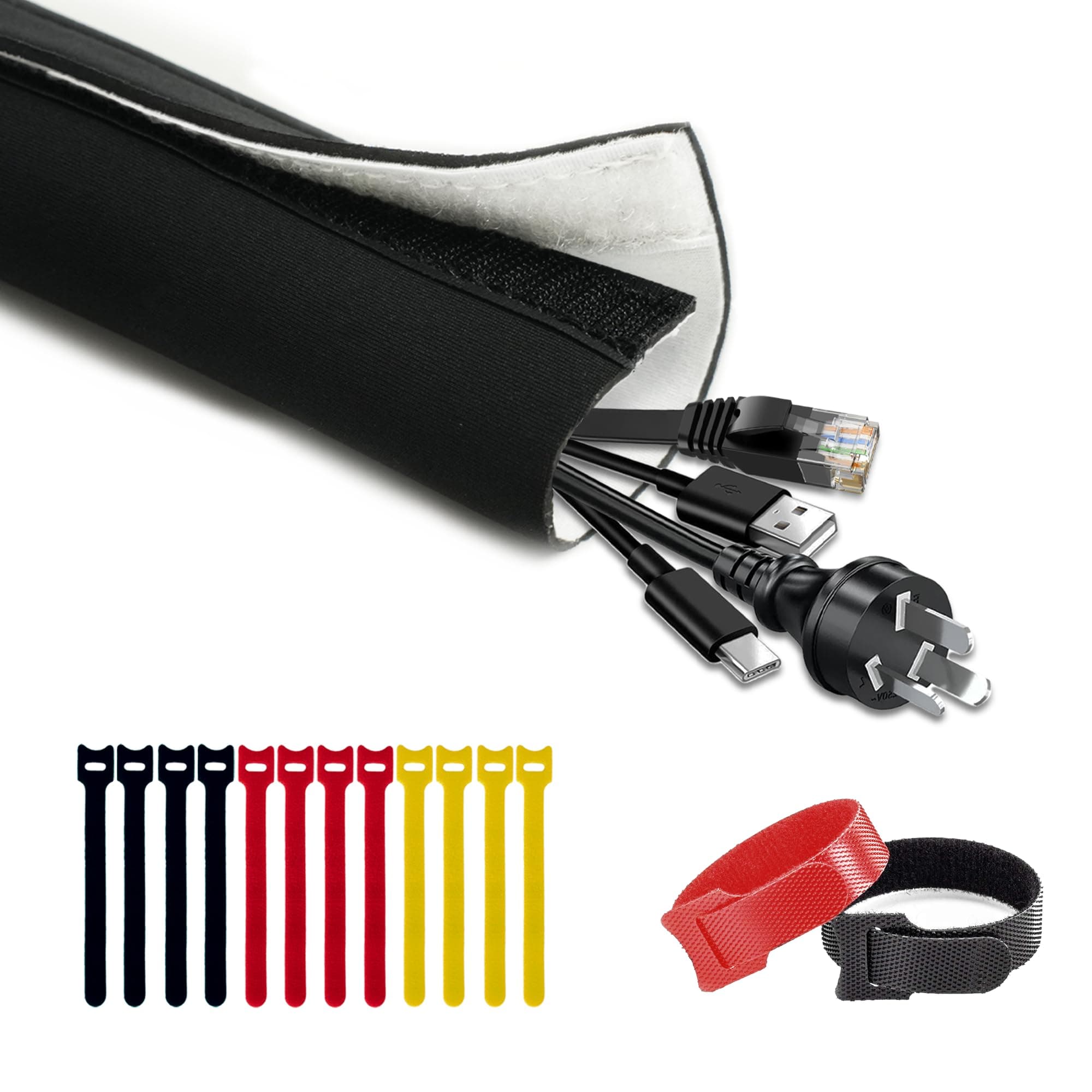 Cable Management Sleeve 10ft (120 inch) - 1.5 inch, Hook-and-Loop Cuttable Neoprene Cord Organizer, Split Wire Reversible Cord Protector for TV USB PC Ethernet Cable Hider Protect Pets Kids