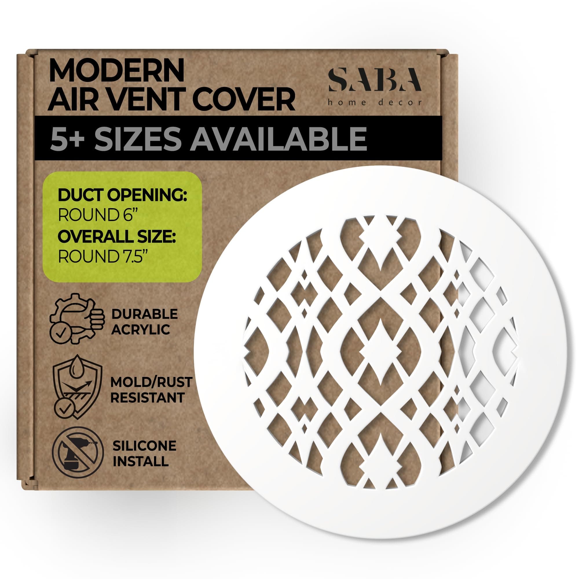 SABA Home Decor Air Vent Cover Grille - Acrylic Plexiglass 6 Round Duct Opening (7.5 Round Overall) White Finish Decorative Register Covers for Walls and Ceilings NOT for Floor USE, Charlotte (1PCs)