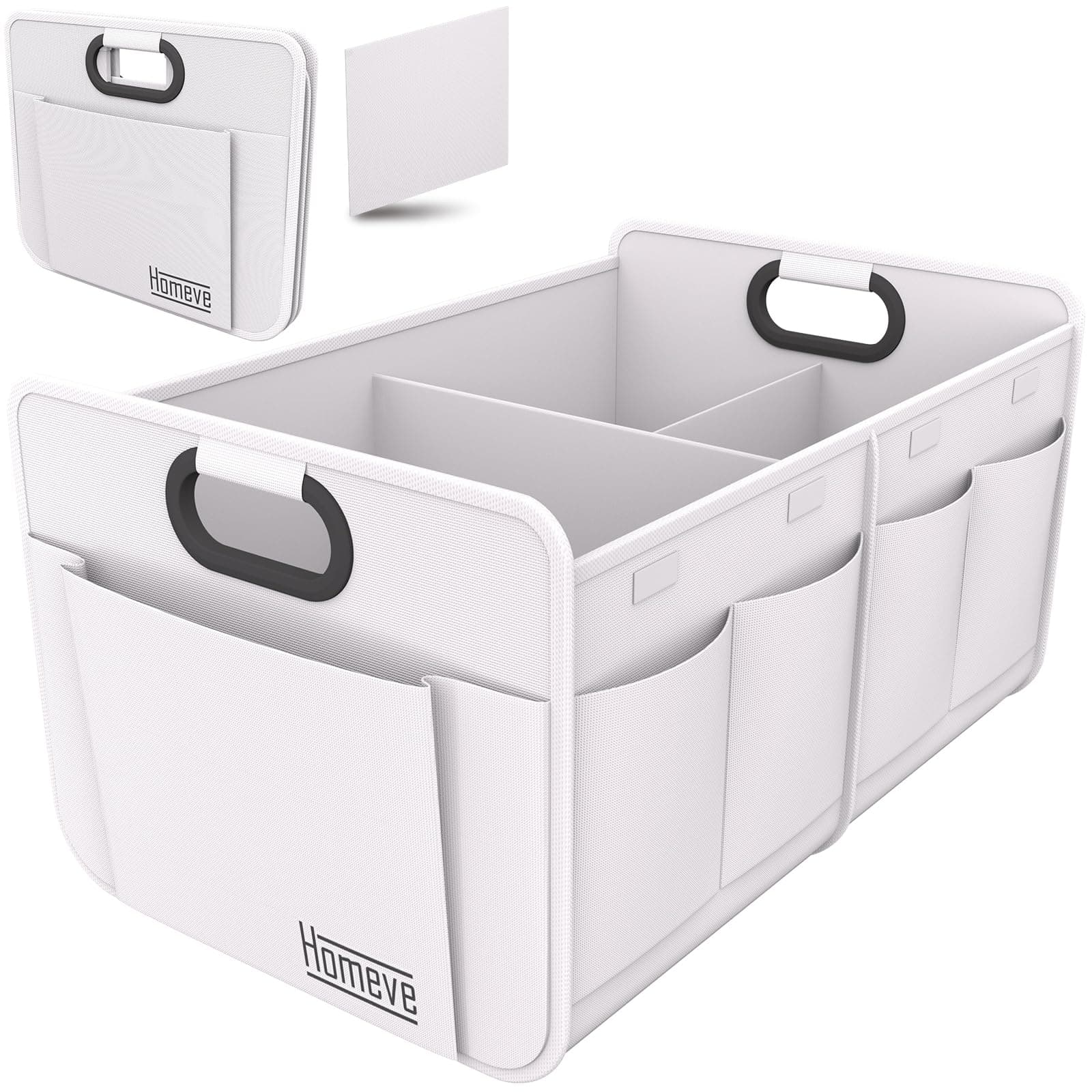 Homeve Trunk Organizer, Car Storage, Reinforced Handles, Collapsible Multi-Compartment, Foldable, Waterproof, Sturdy, 600D Oxford Polyester For Car, SUV, Mini-Van, White, 2 Compart