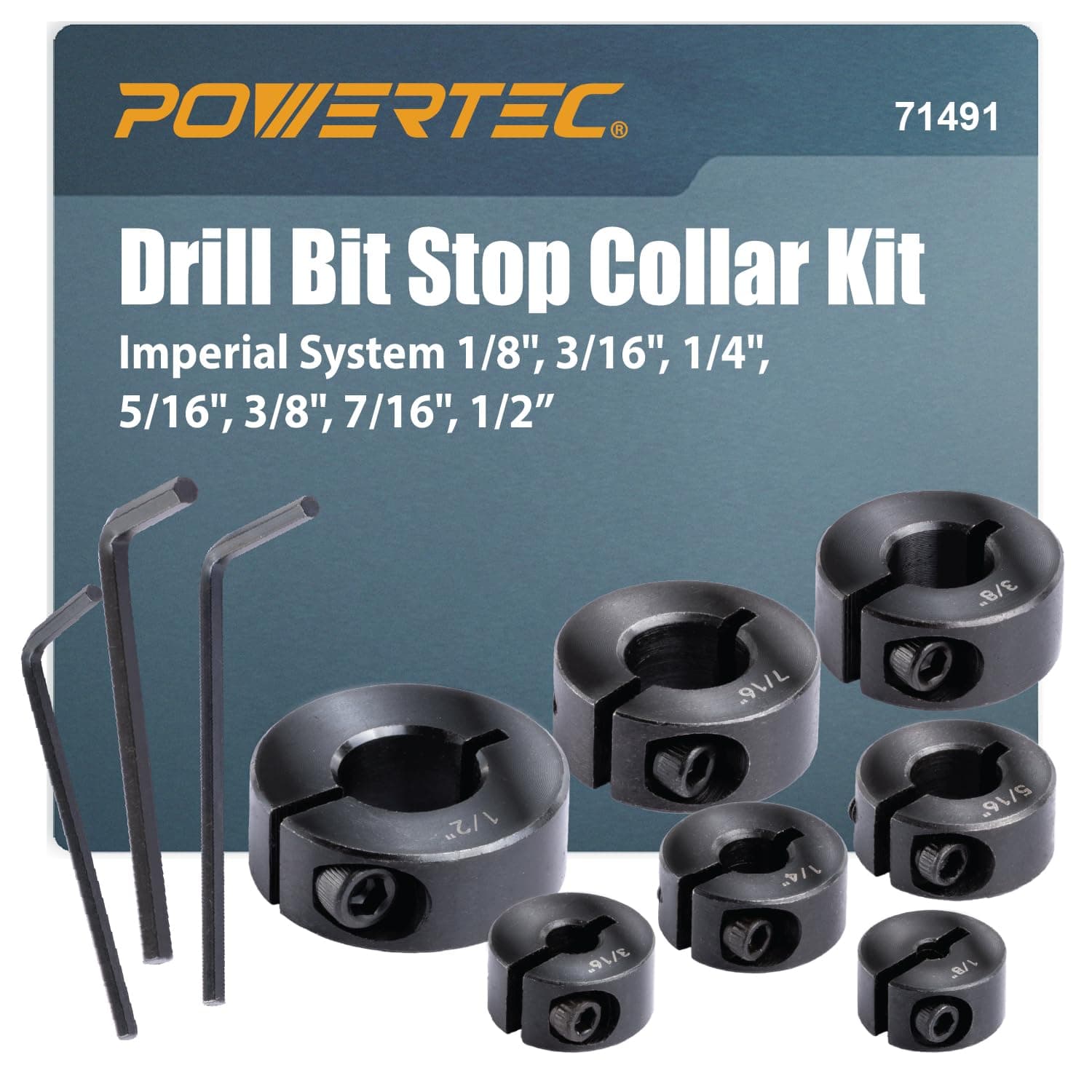 POWERTEC Drill Bit Stop Collar Set, 7 Piece Set Adjustable Drill Bit Depth Stopper with Allen Wrench, Bits Stop with Imperial System Size Markings - 1/8", 3/16", 1/4", 5/16", 3/8", 7/16", 1/2” (71491)
