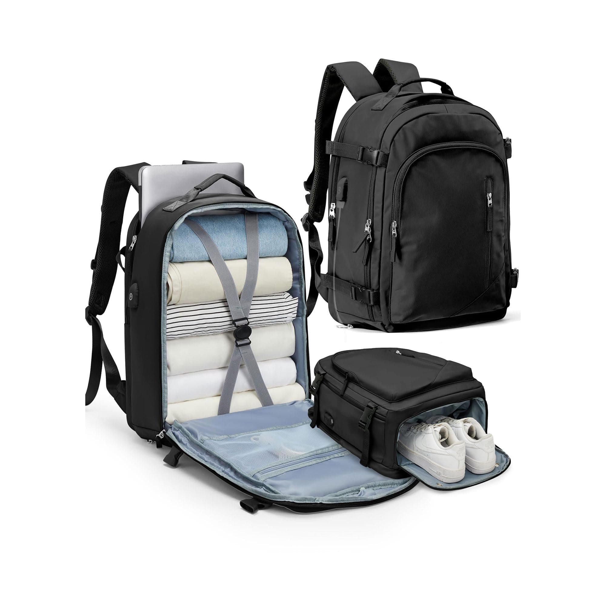 BJLFS Travel Backpack for Women Men, Carry On Backpack with USB Charging Port & Shoe Pouch, TSA 15.6inch, Flight Approved, College Nurse Bag Casual Laptop Daypack for Weekender Business Hiking,Black