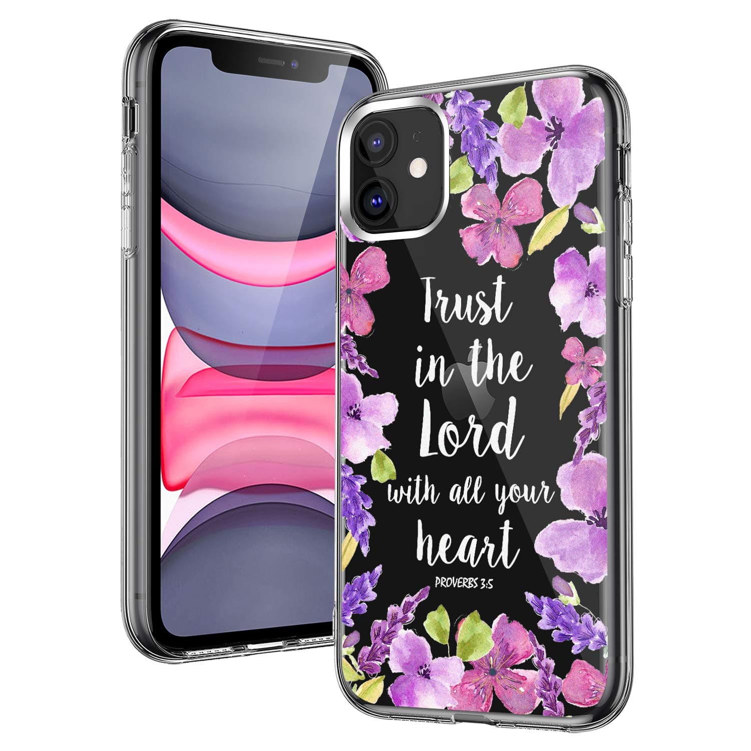 Compatible with 11 Case,Cute Bible Verses Quotes Flowers Florals Purple Butterfly Orchid Christian Proverbs 3:5 Girls Women Soft Protective Clear Case