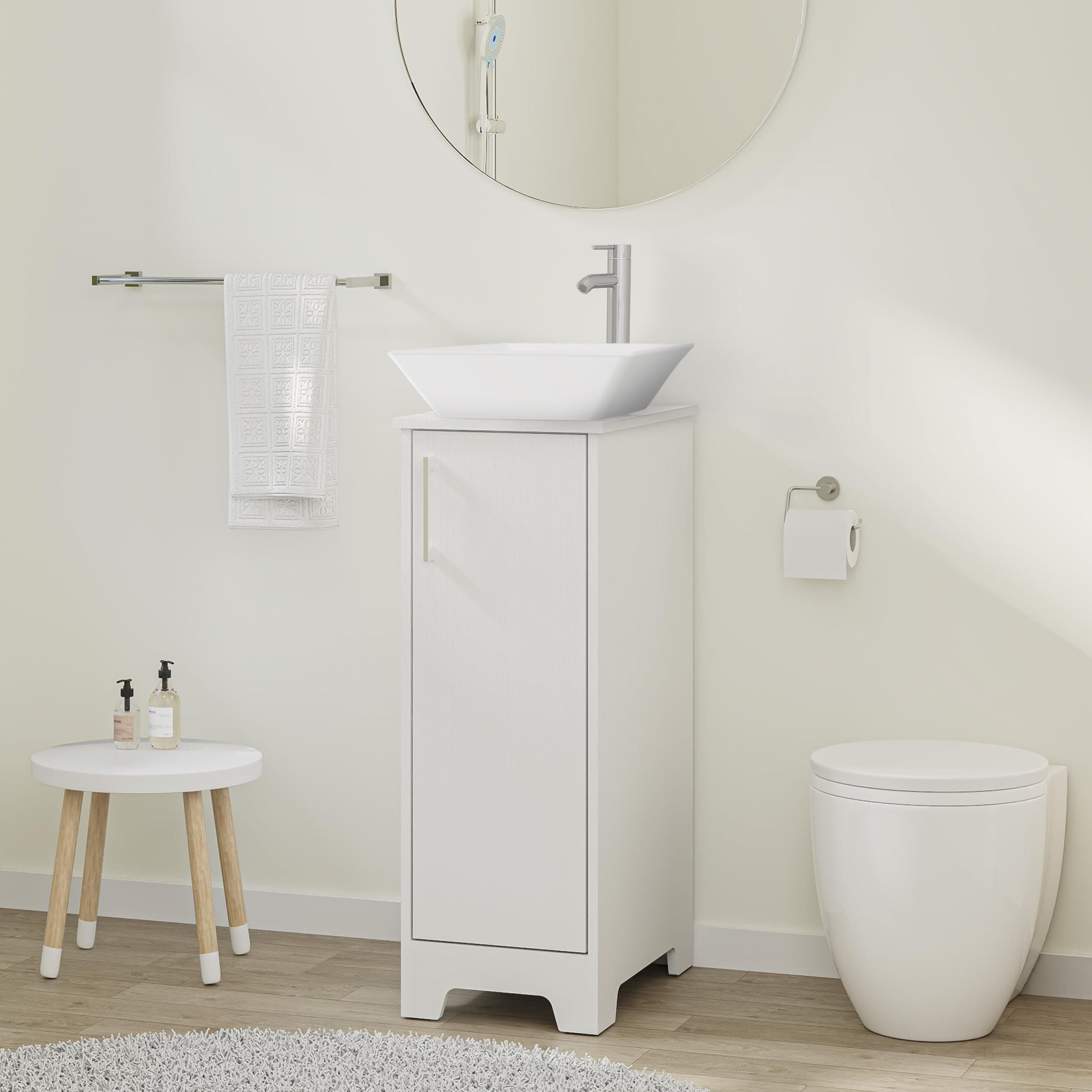 U-Eway 13 inch White Bathroom Vanity and 16 inch Sink Combo,1.5 GPM Water Save Faucet & Solid Brass Pop Up Drain,Single Small Bathroom,Adjustable Built-in Clapboard (BT8W+A7)