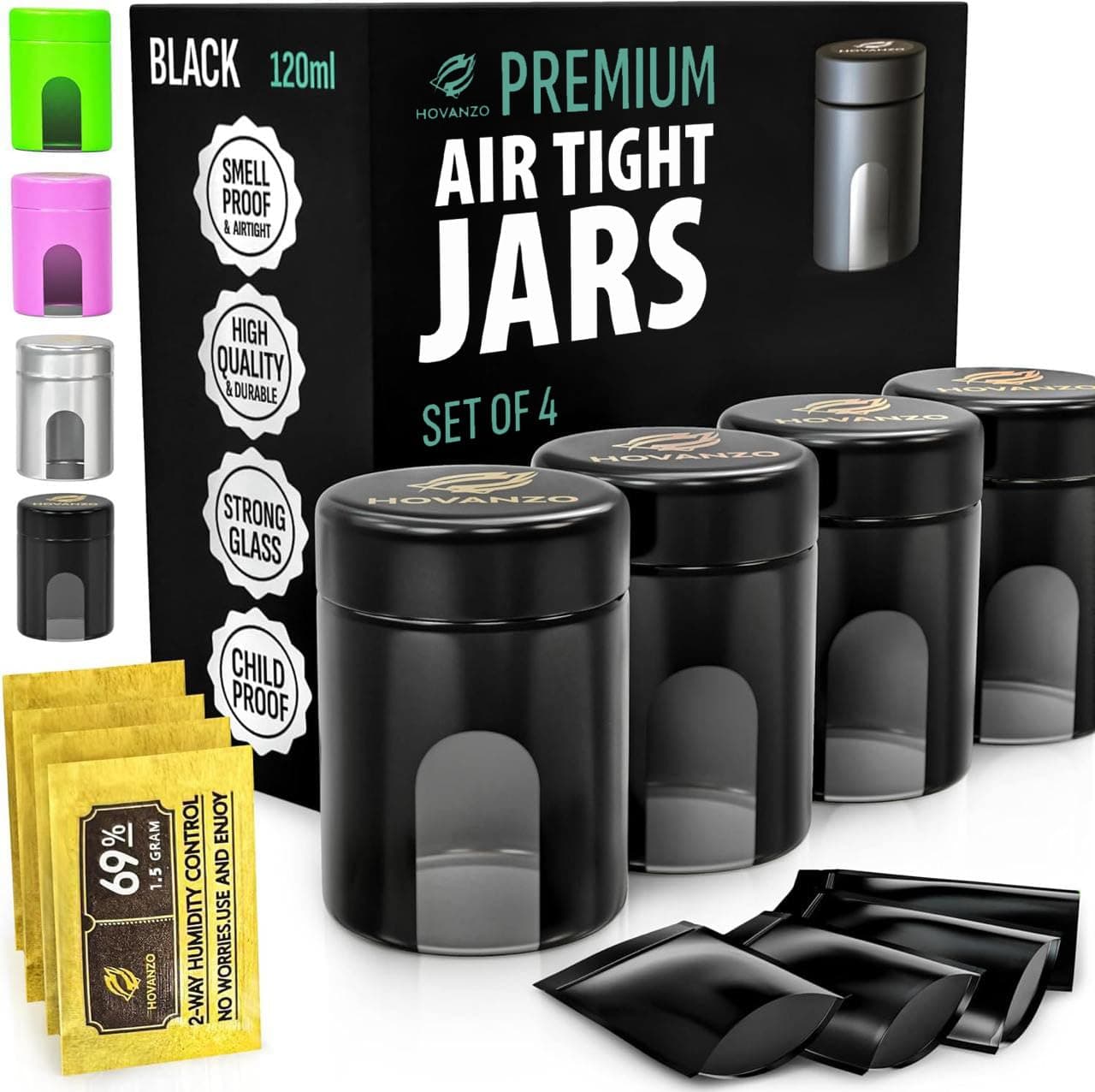 Premium Airtight Glass Storage Jars 120/180ml with 69% Humidity Control 4 Packs - UV Air Tight Jars with Child-Resistant Lid - Airtight Jar Container, Air Tight Storage,Storage Jars for Herb/Spice