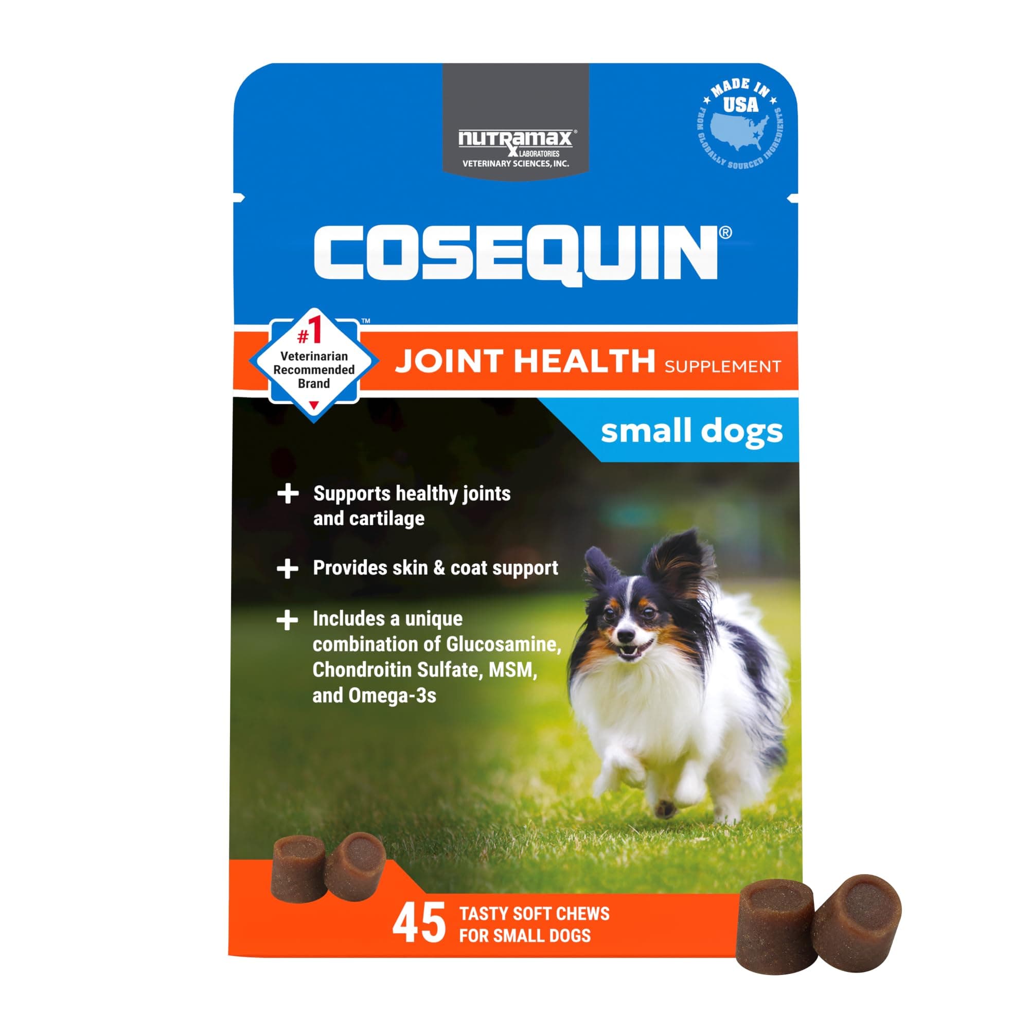 Nutramax Cosequin for Small Dogs, Joint Health Supplement, Contains Glucosamines, Chondroitin, MSM and Omega-3s, Supports Joint and Skin and Coat Health, Soft Chews, 45 Count
