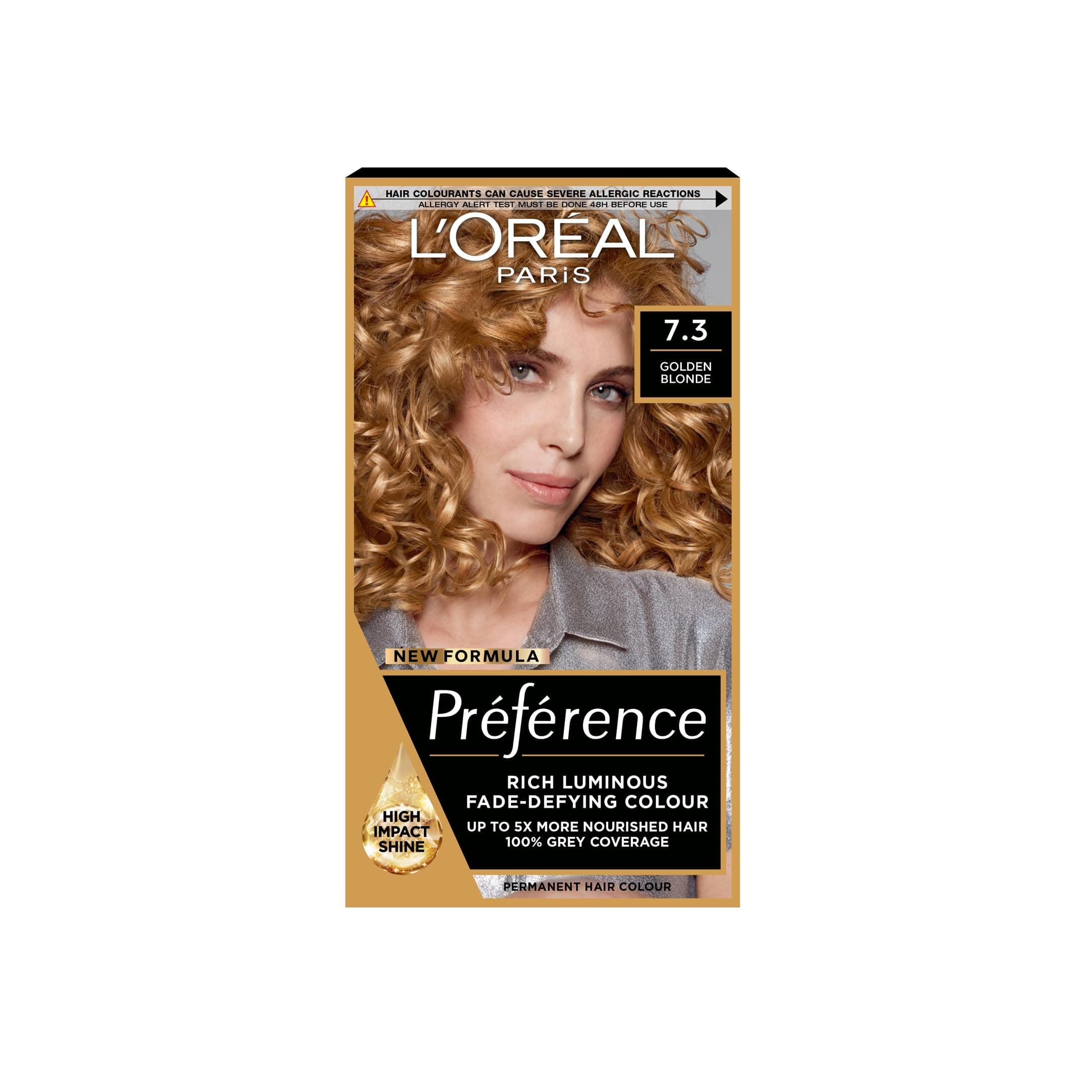 Preference 7.3 Golden Blonde: Long-lasting, luminous permanent hair colour. Attain radiant, salon-inspired results with this warm golden blonde shade, providing vibrant colour and shine.