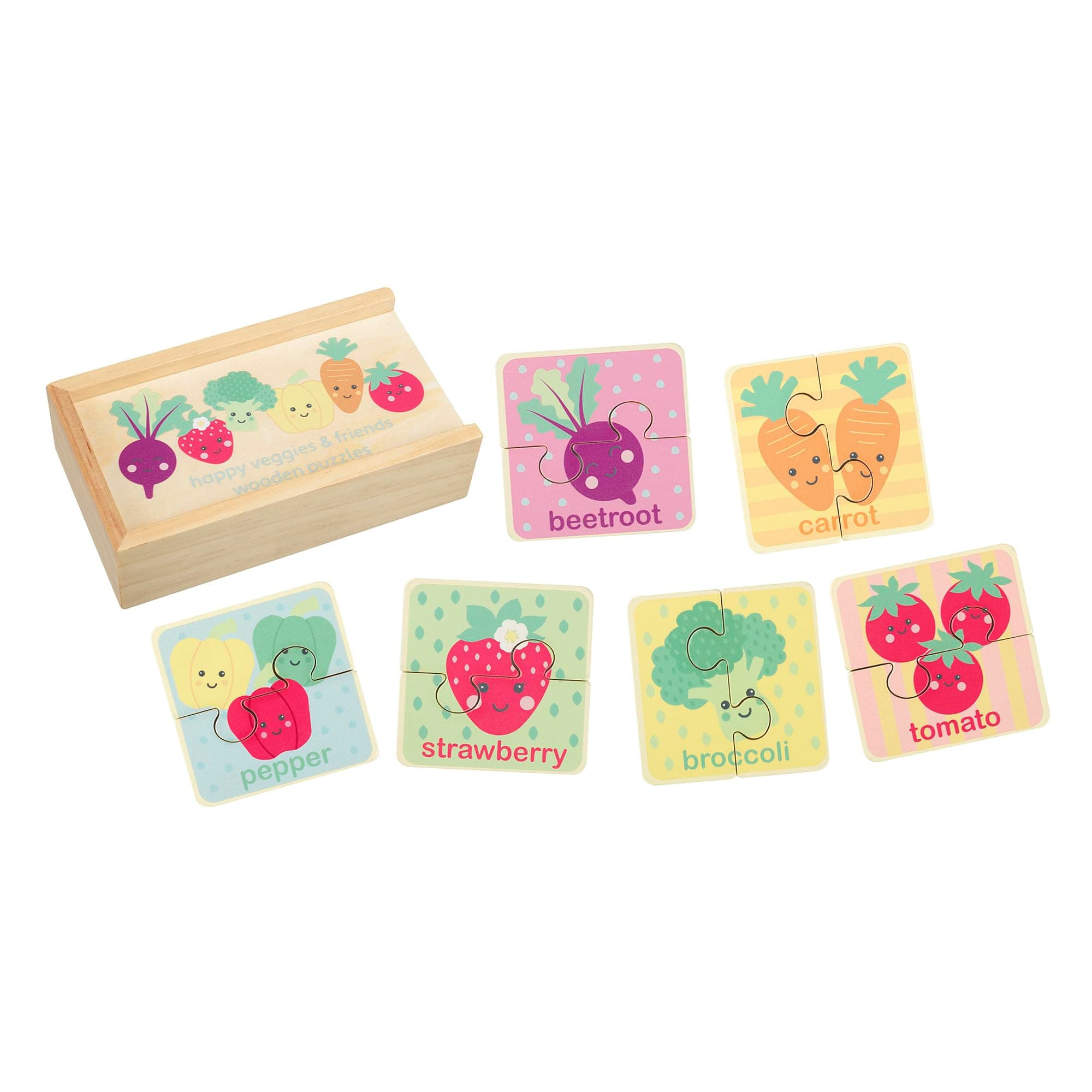 Happy Veggies 6x Mini Wooden Puzzles - My First Puzzles, Jigsaw Puzzle Games with Sea life Animal - Educational Toys For 1 Year Old + Toddler, Montessori Early Development Toys by Orange Tree Toys