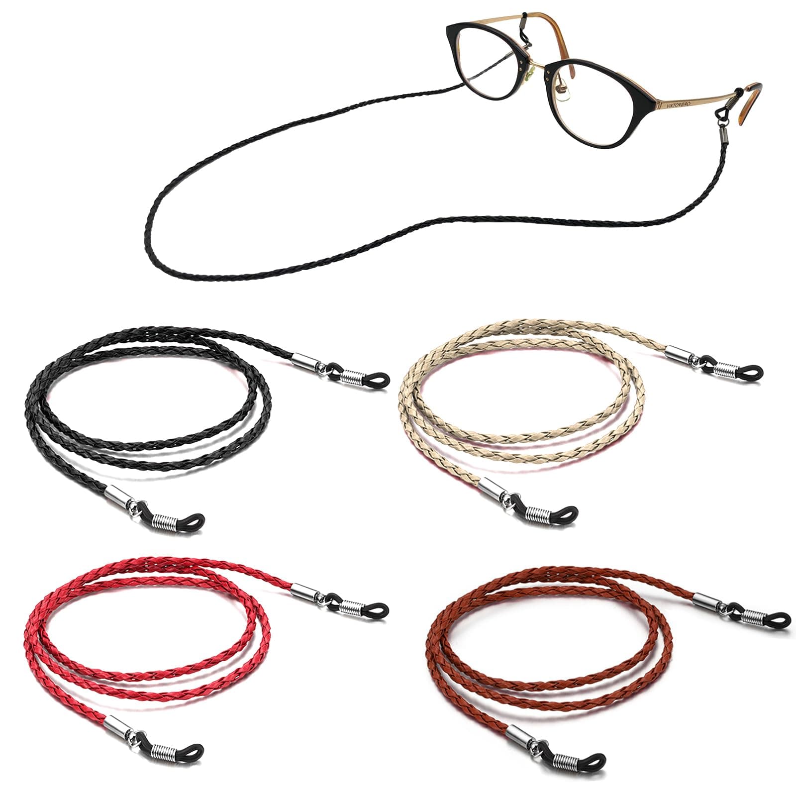 4 Pack Eyeglasses Holder Strap Cord, Aphlos Eyeglass Retainer, PREMIUM LEATHER Eyeglasses String Holder Chain Necklace, Glasses Cord Lanyard (4 Colors)