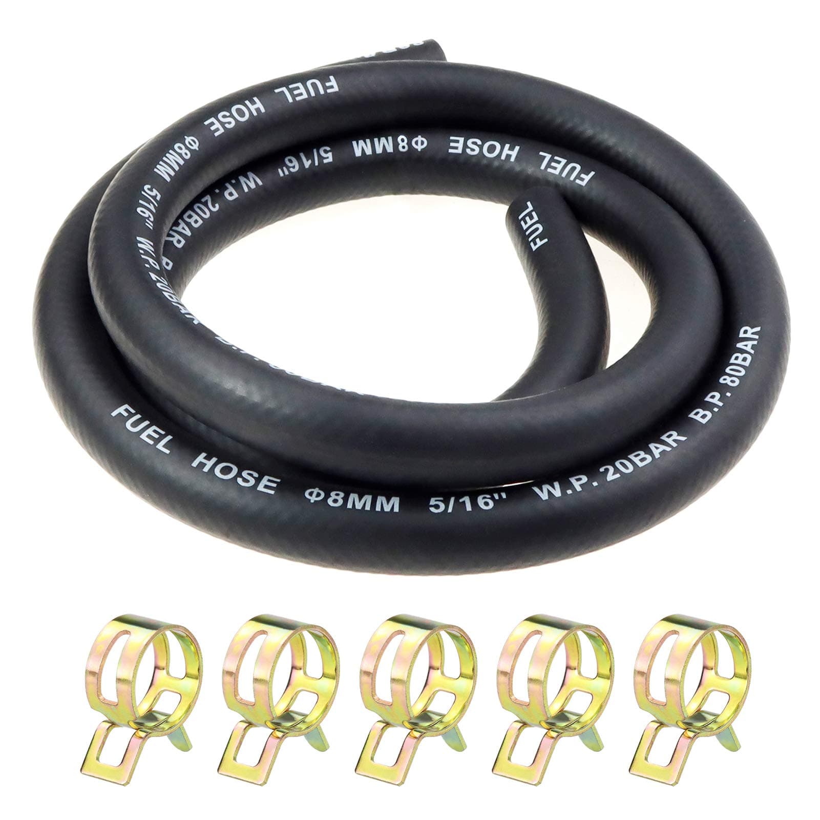 Laixin 5/16” Inch Fuel Gas Line 3.28 Feet with 5 Pcs Hose Clamps for Boat Marine Outboard Gas Diesel Petrol