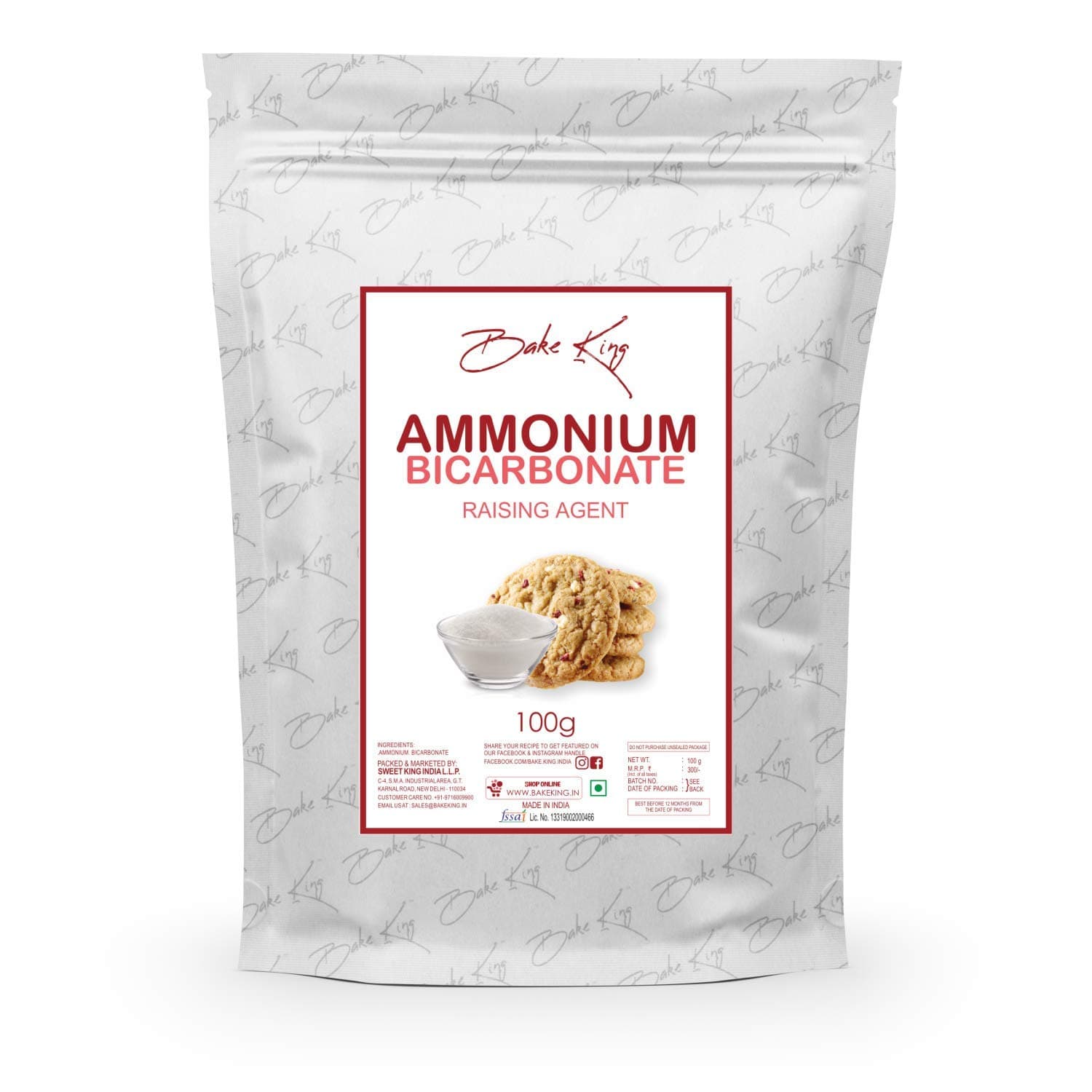 BAKE KING Ammonium Bicarbonate 100gm, Agent Biscuits Food Grade Hornsalt - Hartshorn Perfect for Baking (Cookies and Biscuits)