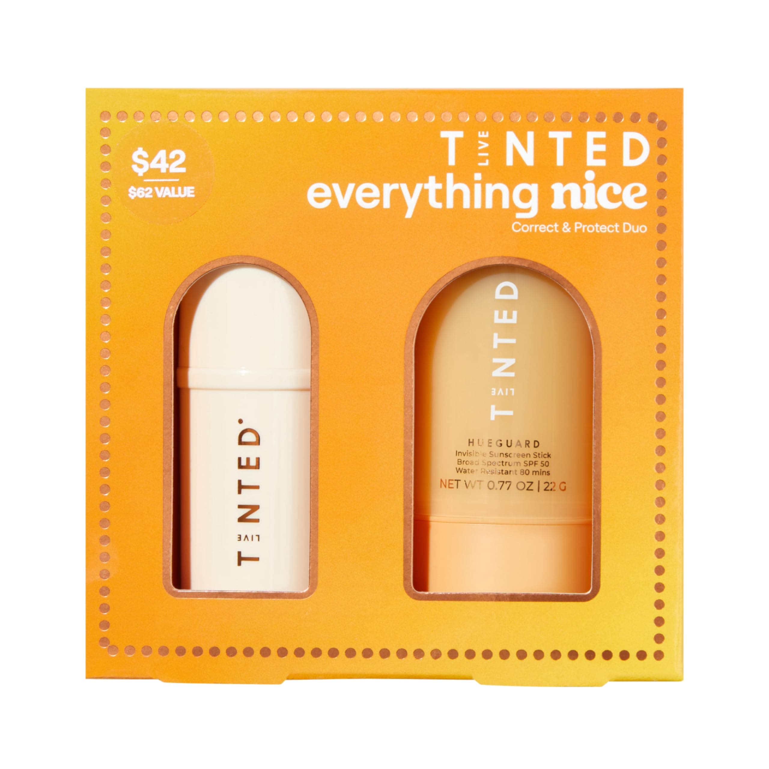 Live TintedEverything Nice Correct & Protect Duo - Hueguard Invisible Sunscreen Stick SPF 50 & Superhue Hyperpigmentation Facial Serum Stick - Broad Spectrum, Waterproof & Brightening