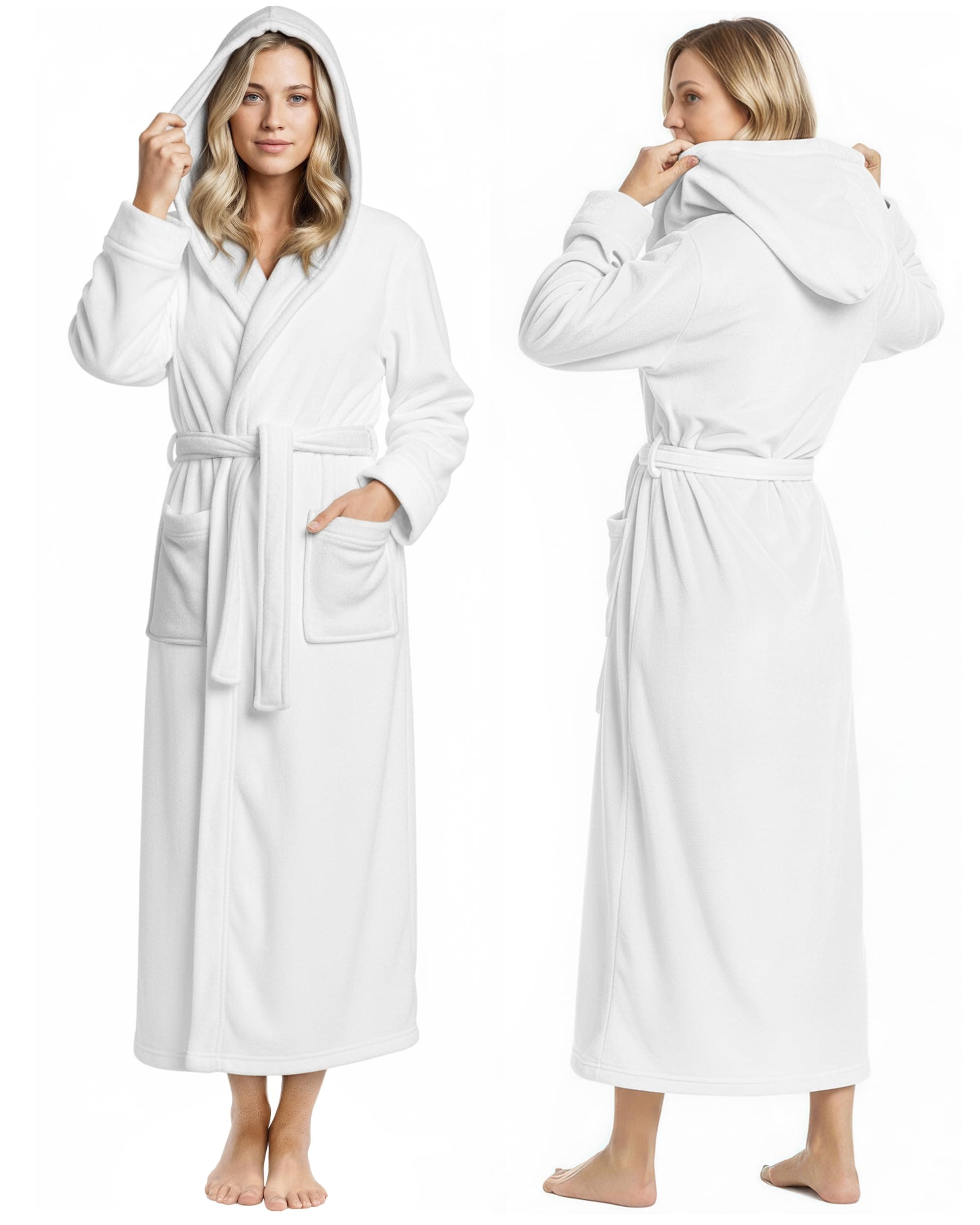 Women Fleece Hooded Bathrobe - Plush Long Robe