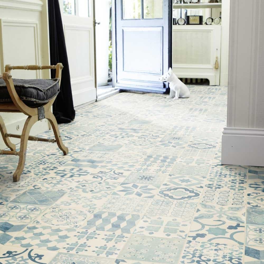 Livingfloor® PVC flooring Shabby Retro tile optics Mediterranean blue 2m width, length variable Meterware