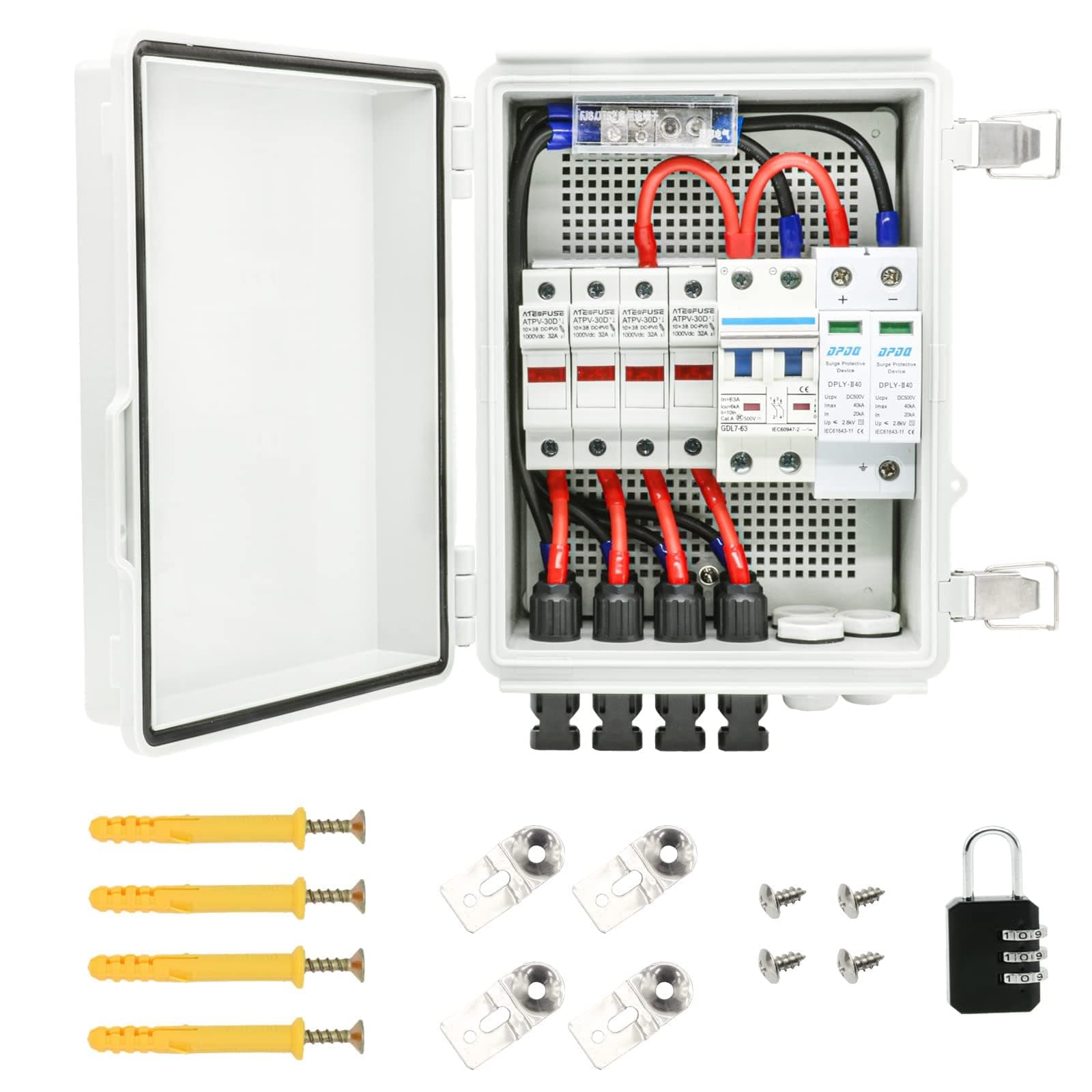 4 String Solar Combiner Box, IP65 Waterproof PV Combiner Box for On/Off Grid Solar System,with Lightning Arrester, 15A Rated Current Fuse & 63A Circuit Breaker(Plastic)