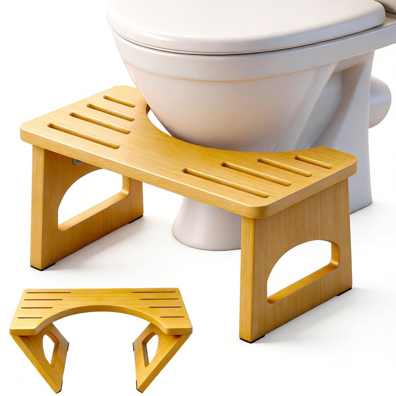 JACNITAD Foldable Toilet Stool, 7 Inch Poop Stool for Bathroom, Bamboo Toilet Stool Squat Adult, Collapsible Squatting Potty Stool with Non-Slip Strip - Improve Squatting Posture and Comfort, Wood