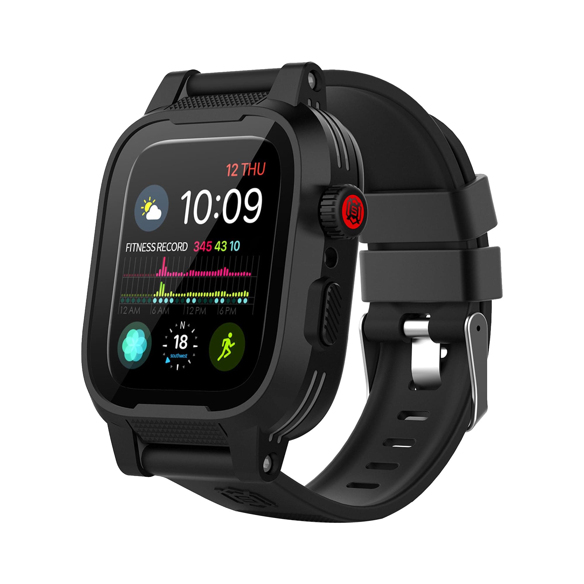 ShellBox Case Apple Watch 44mm Screen Protector Waterproof Case[IP68],Impact Resistant/Rugged 1Row Perforated Soft Band for iWatch Series 6/5/4/SE 44mm (Black)