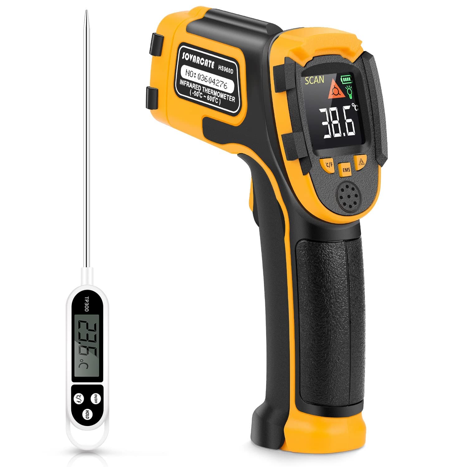 Infrared Thermometer Non-Contact Digital Laser Temperature Gun -58℉~1112℉(-50℃~600℃) Adjustable Emissivity IR Temp Gun - for Cooking, BBQ, Food, Fridge, Pizza Oven, Engine - Meat Thermometer Included
