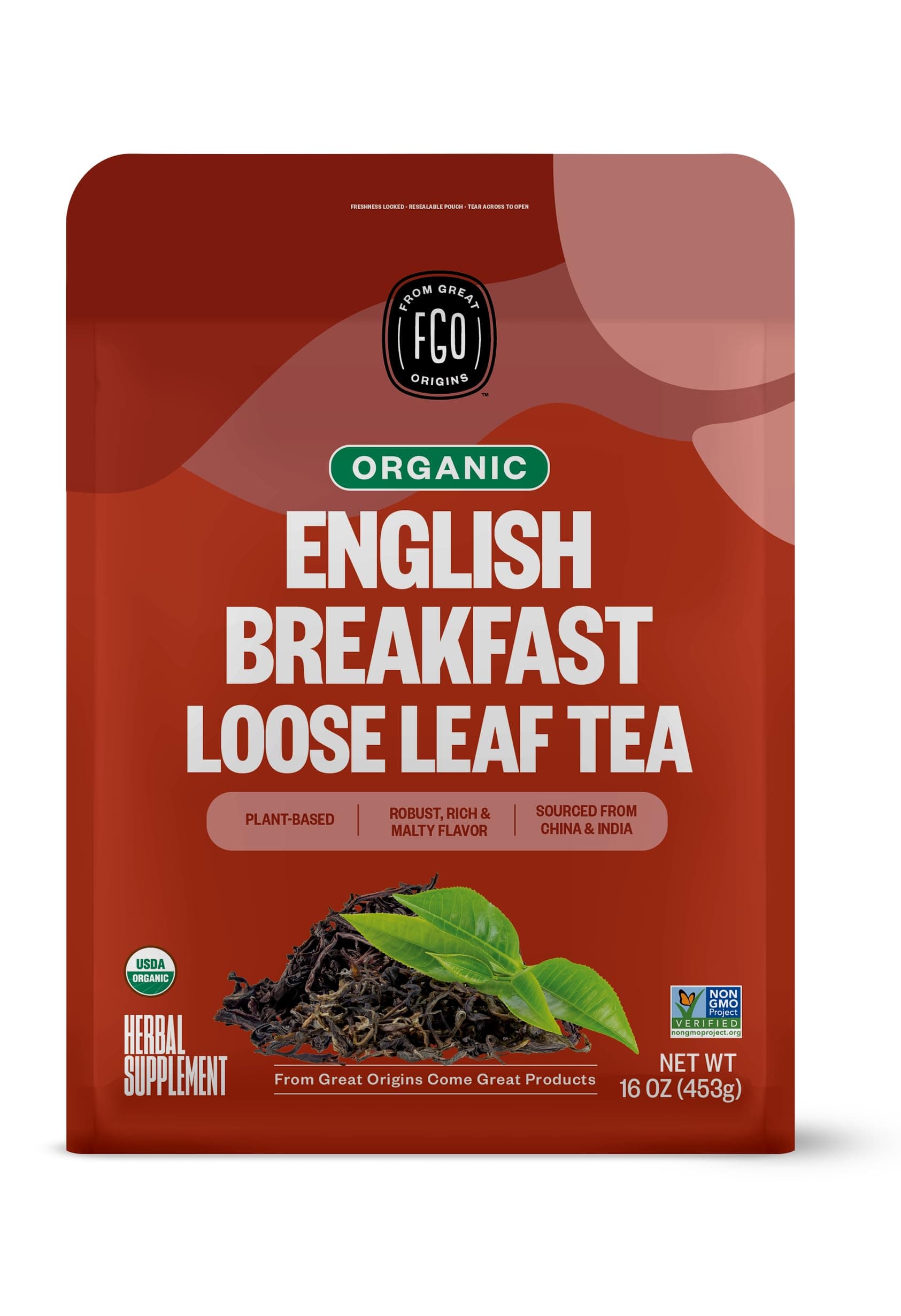 FGO Organic English Breakfast Black Tea, Loose Leaf, 16 Ounce Bulk Resealable Bag, Packaging May Vary (Pack of 1)