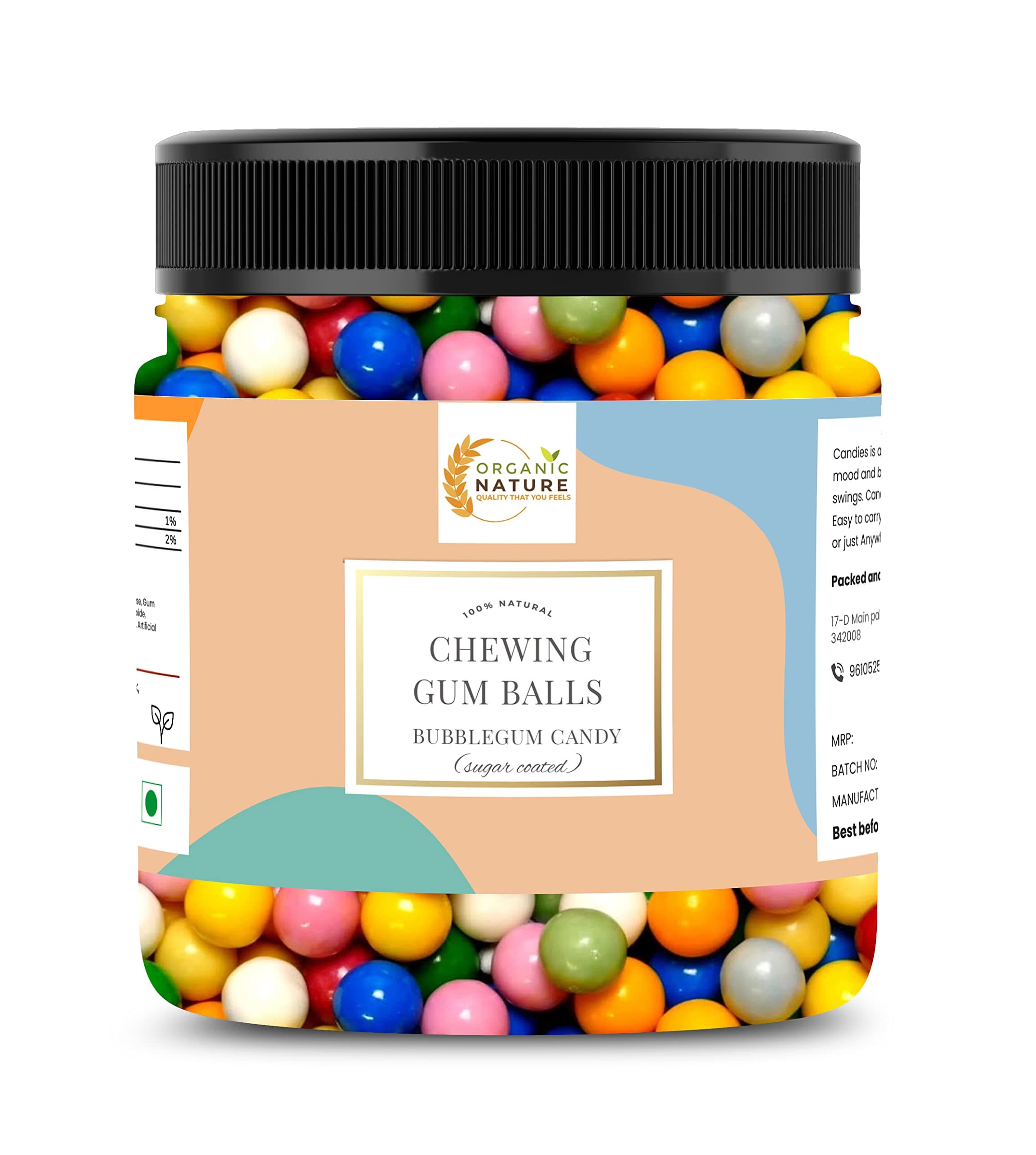 Organic Nature Chewing Gum Balls (Sugar Coated) Bubble Gums Candy [Jar Pack] (300 Grams (Pack of 1 of 300 Grams))