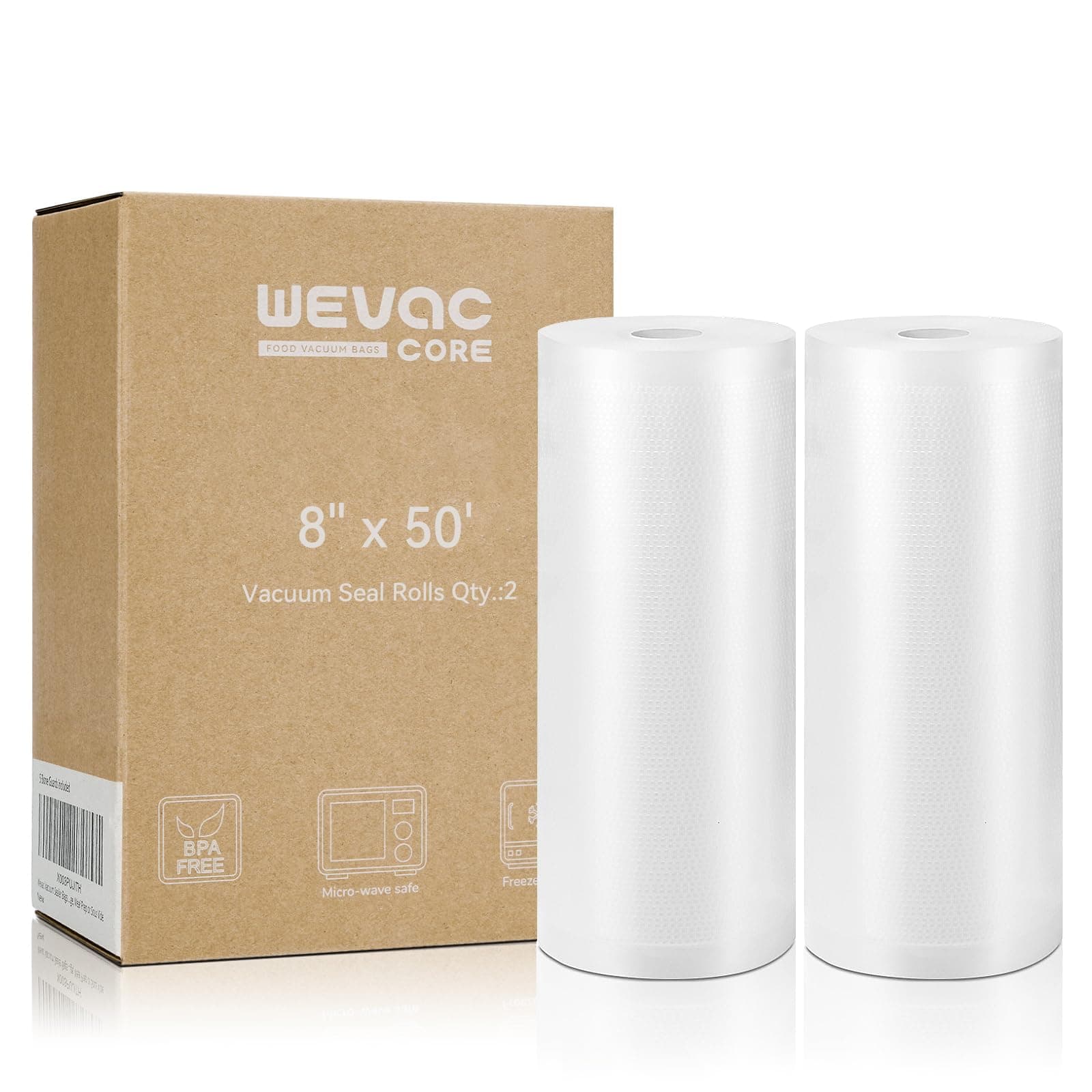 Wevac Vacuum Sealer Bags 8x50 Rolls 2 pack for Food Saver, Seal a Meal, Weston. Commercial Grade, BPA Free, Heavy Duty, Great for vac storage, Meal Prep or Sous Vide