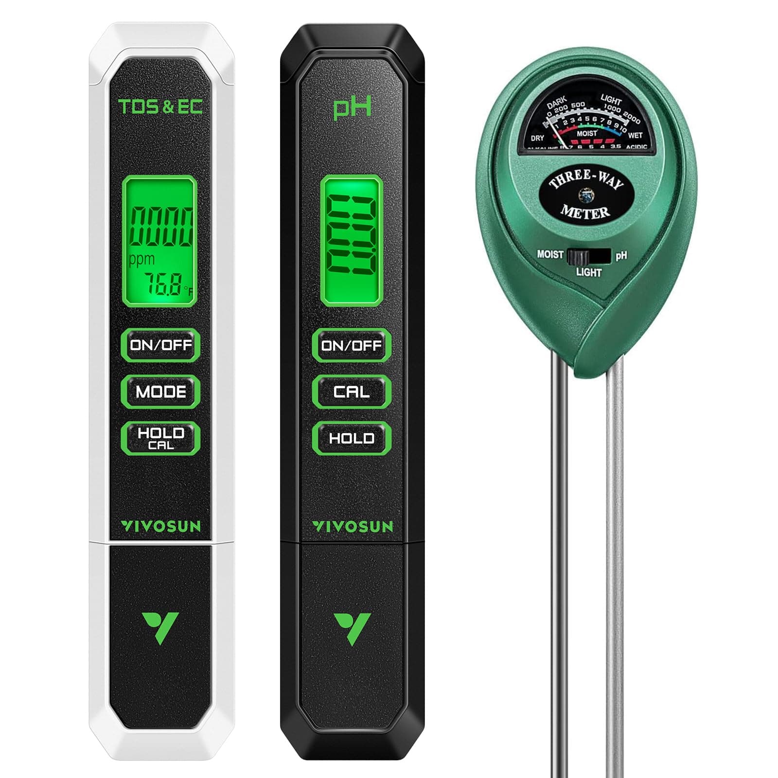 VIVOSUN Digital pH Meter, 3-in-1 TDS/EC/Temperature Meter, 3-in-1 Soil Moisture/pH/Light Tester Combo for Home, Garden and Hydroponics